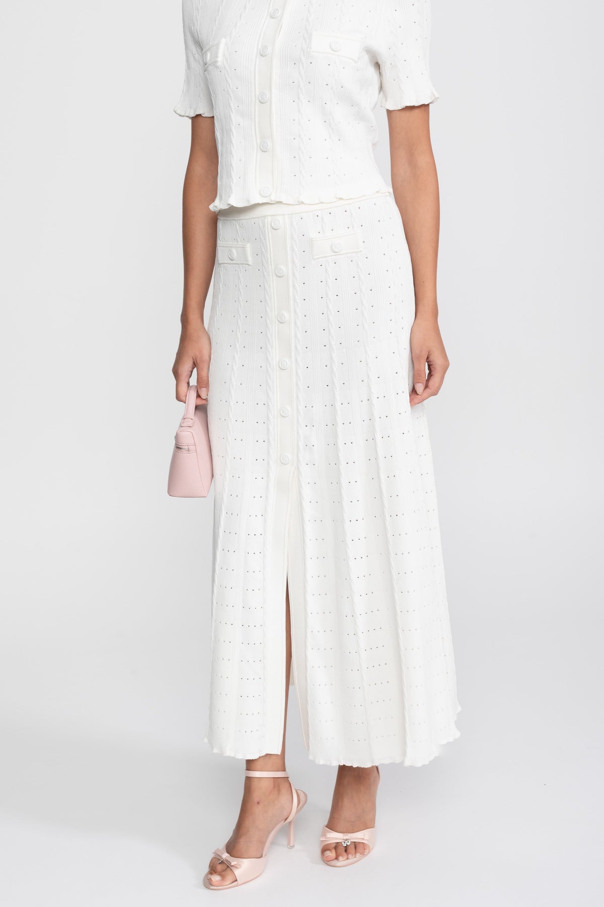 Ribbed Knit Cropped Cardigan and Pleated Maxi Skirt Set – White – view 11
