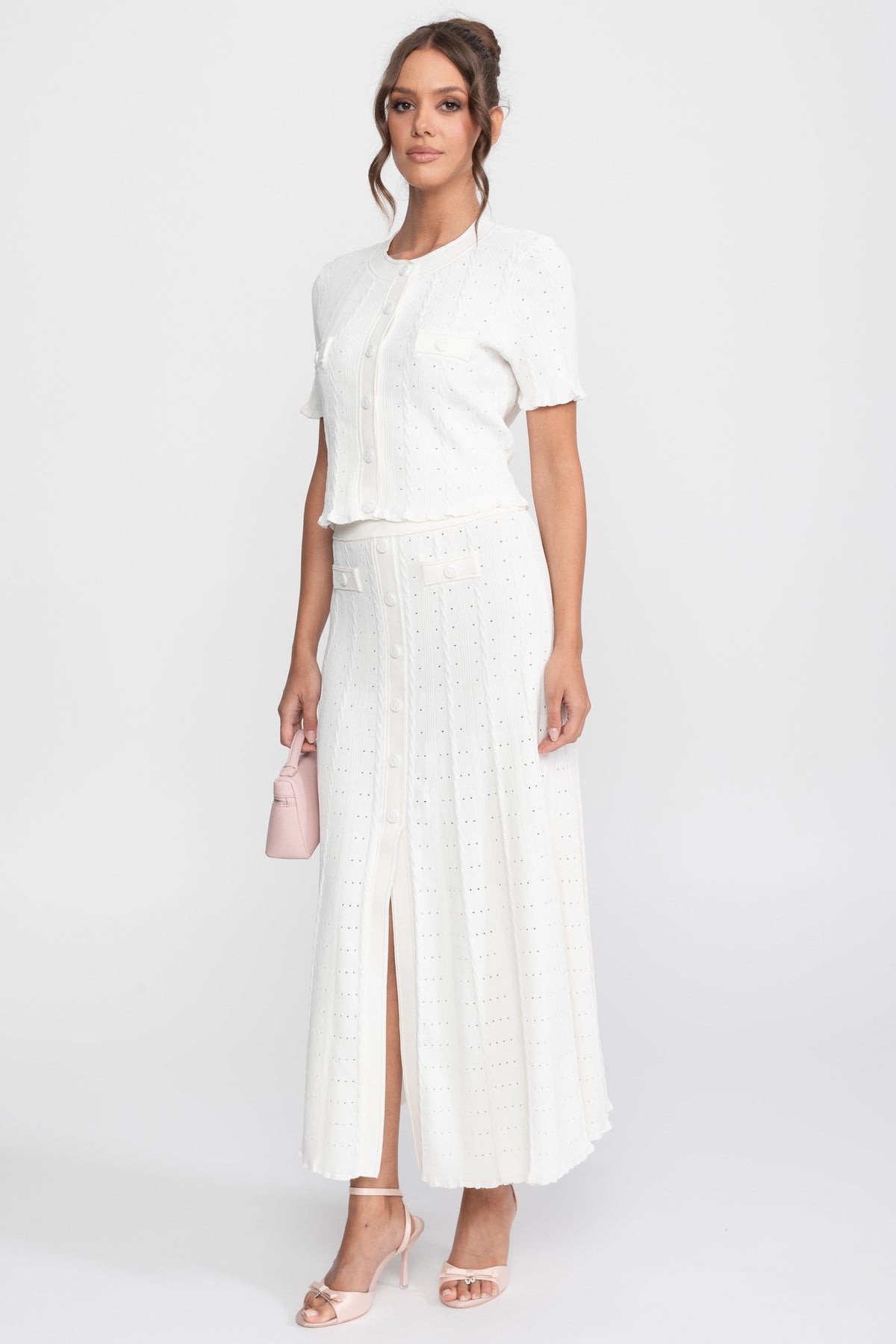 Ribbed Knit Cropped Cardigan and Pleated Maxi Skirt Set – White – view 4