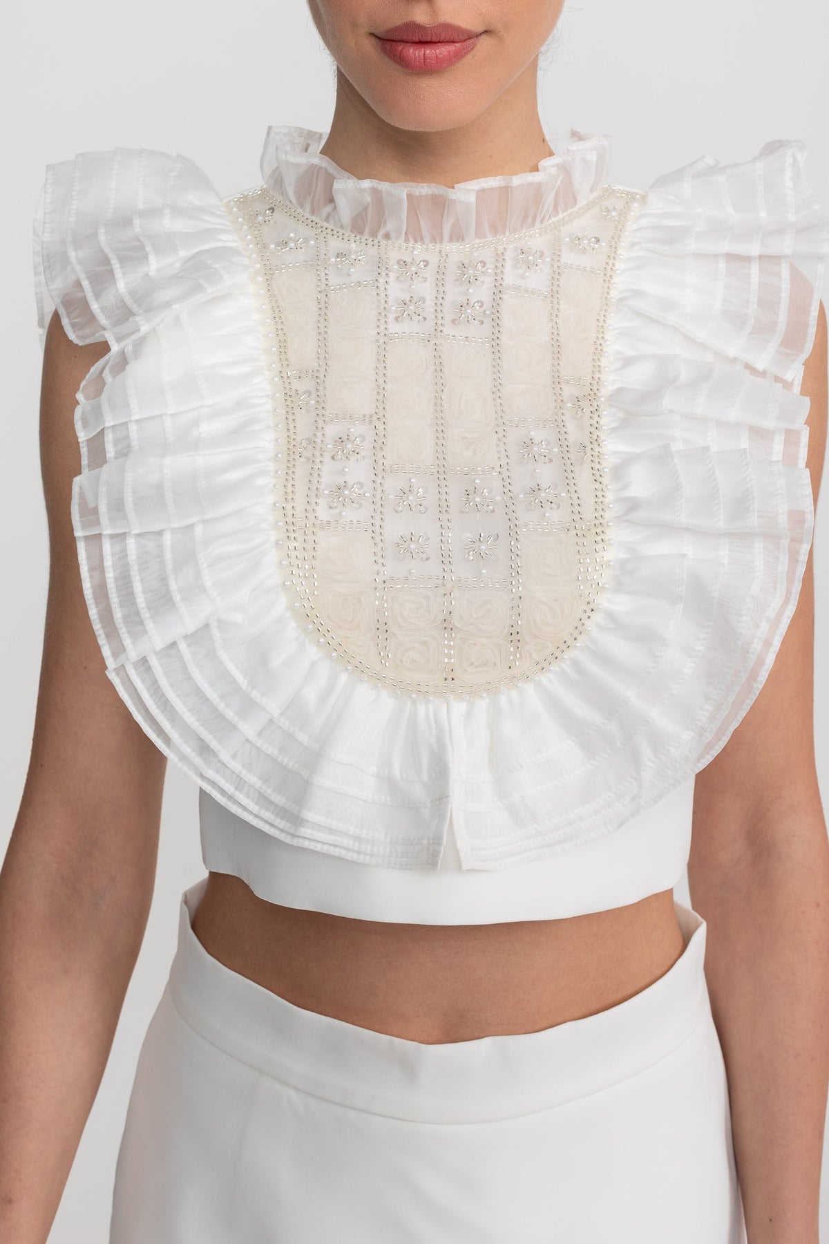 Sleeveless Pleated Ruffle Bib Crop Top and Mini Skirt Set – White – view 5
