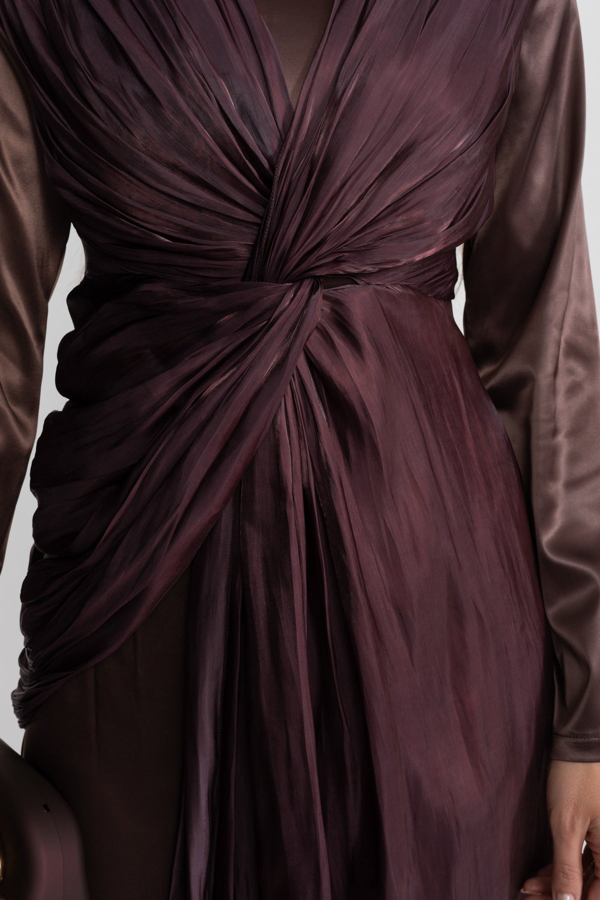Satin Long Sleeve Midi Dress with Draped Knot Front – Brown – view 5