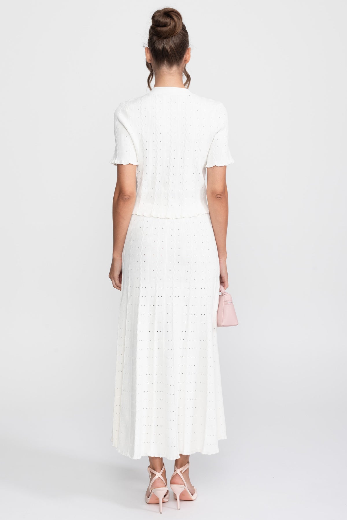 Ribbed Knit Cropped Cardigan and Pleated Maxi Skirt Set – White – view 16