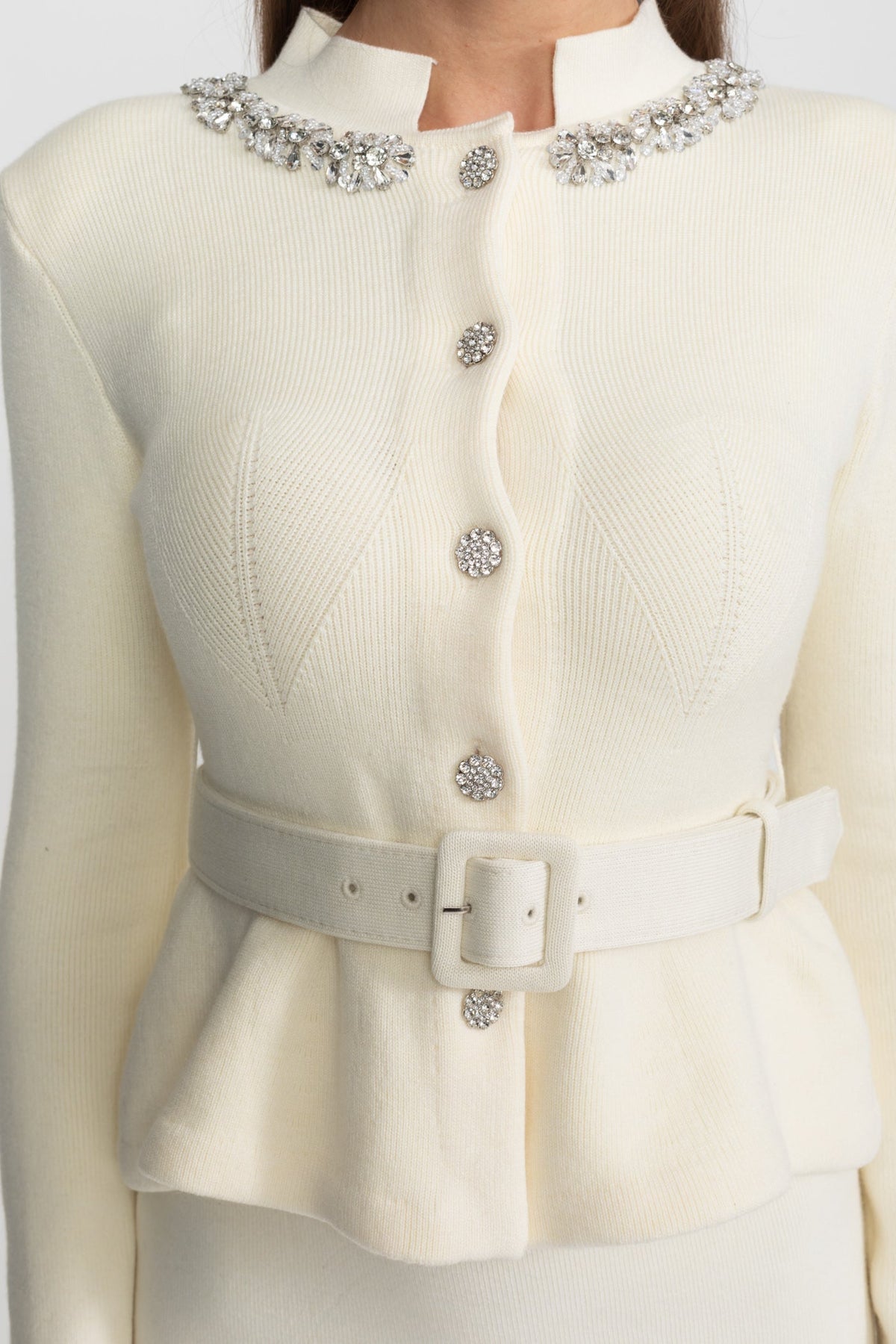 Structured Knit Peplum Midi Dress with Crystal Collar and Belt – Ivory – view 6