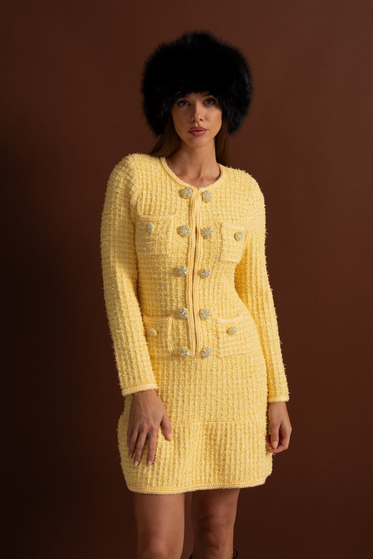 Long Sleeve Tweed Knit Dress with Jewel Buttons and Pockets – Yellow – view 7