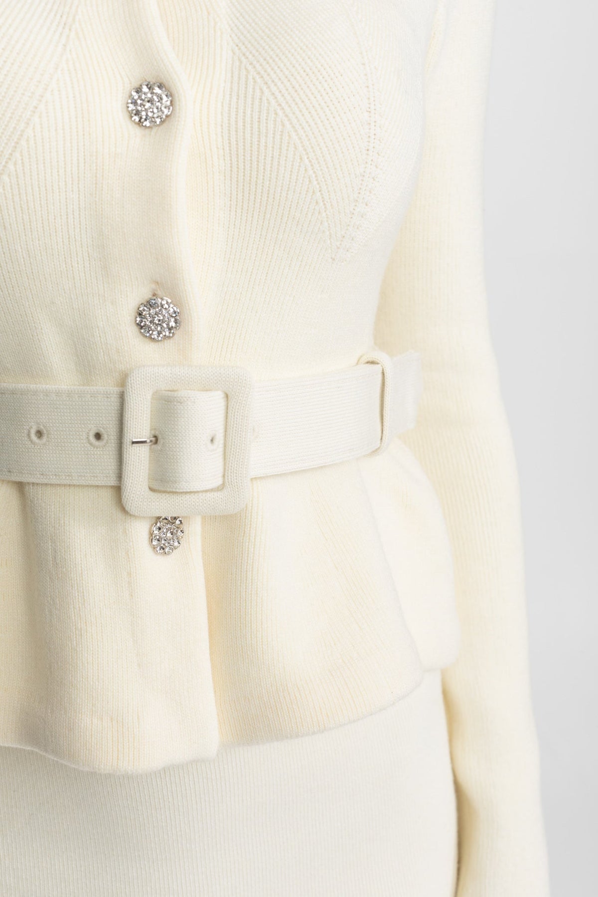 Structured Knit Peplum Midi Dress with Crystal Collar and Belt – Ivory – view 5