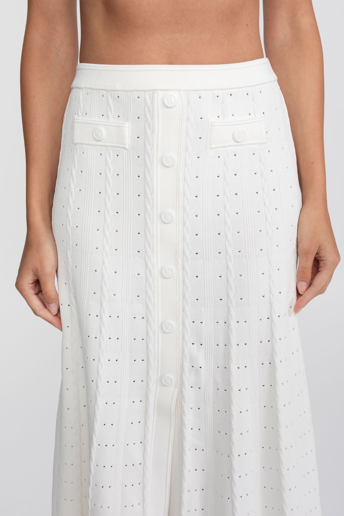 Ribbed Knit Cropped Cardigan and Pleated Maxi Skirt Set – White – view 12