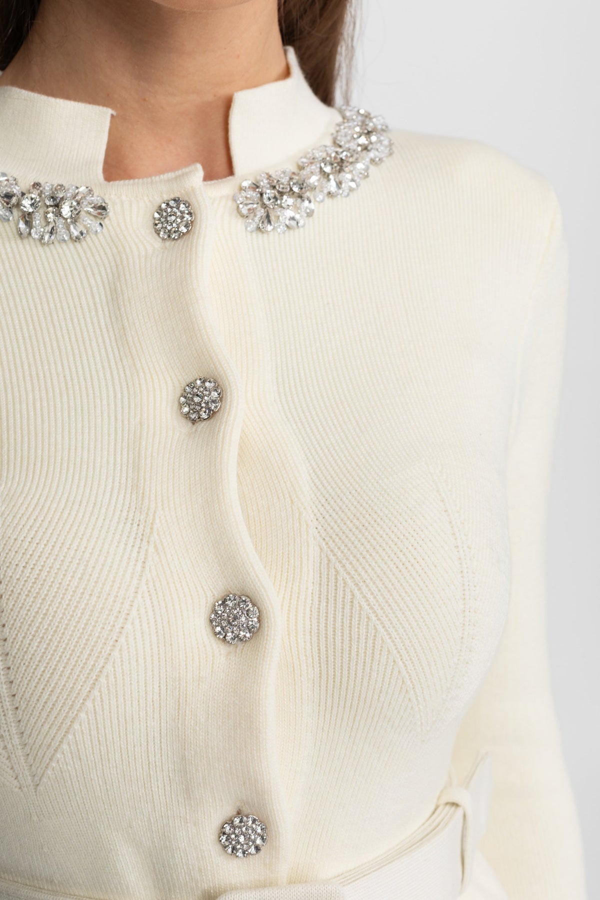Structured Knit Peplum Midi Dress with Crystal Collar and Belt – Ivory – view 7