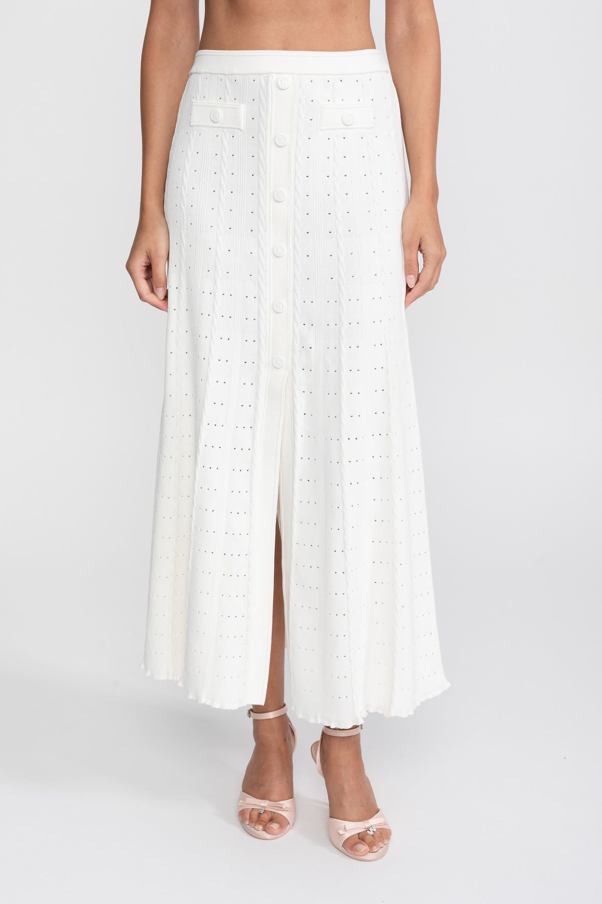 Ribbed Knit Cropped Cardigan and Pleated Maxi Skirt Set – White – view 14