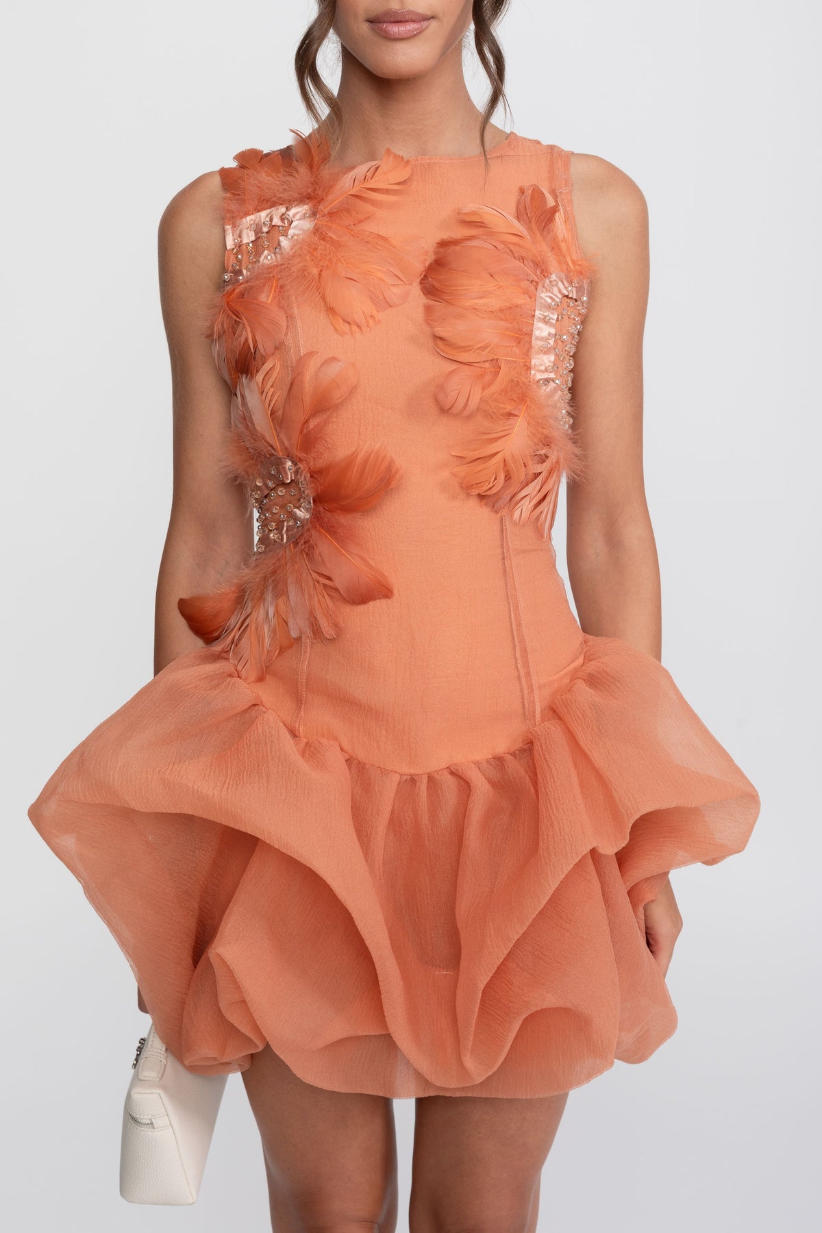 3D Feather Appliqué Sleeveless Peplum Mini Dress with Crystal Beads – Orange – view 6