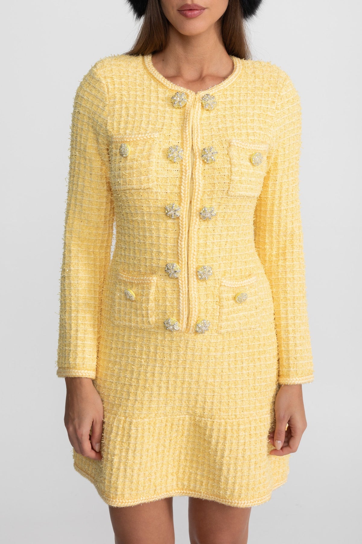 Long Sleeve Tweed Knit Dress with Jewel Buttons and Pockets – Yellow