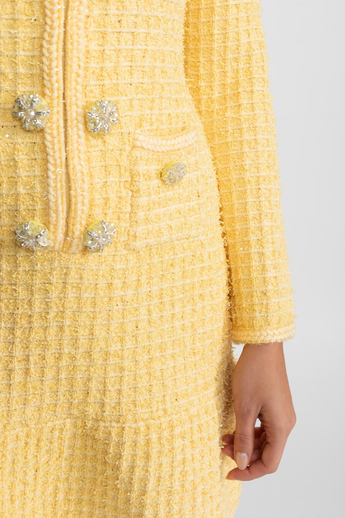 Long Sleeve Tweed Knit Dress with Jewel Buttons and Pockets – Yellow – view 5
