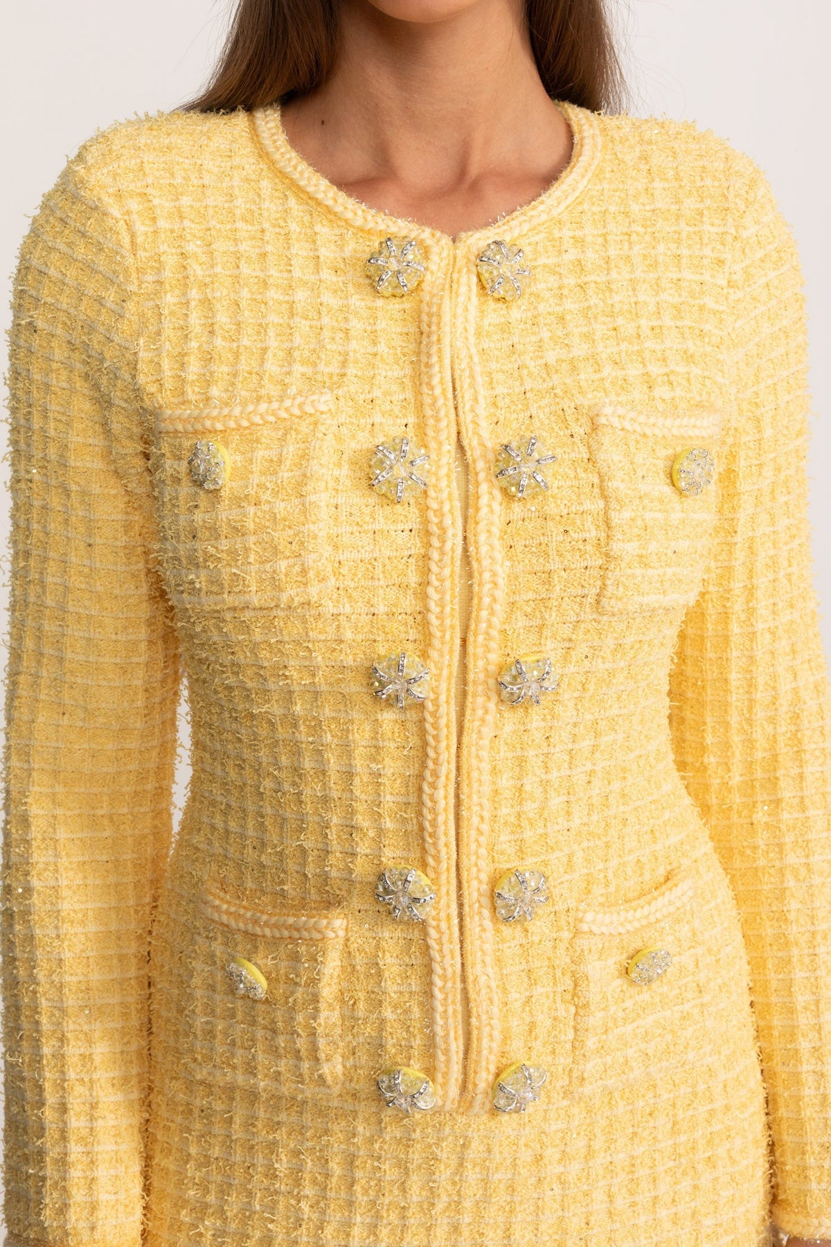 Long Sleeve Tweed Knit Dress with Jewel Buttons and Pockets – Yellow – view 6