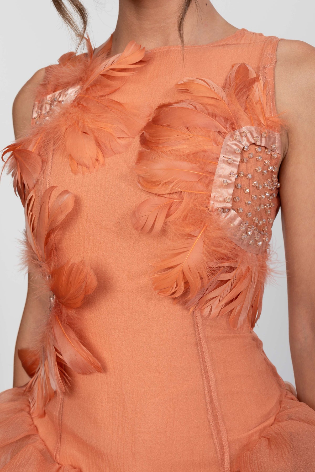 3D Feather Appliqué Sleeveless Peplum Mini Dress with Crystal Beads – Orange – view 7