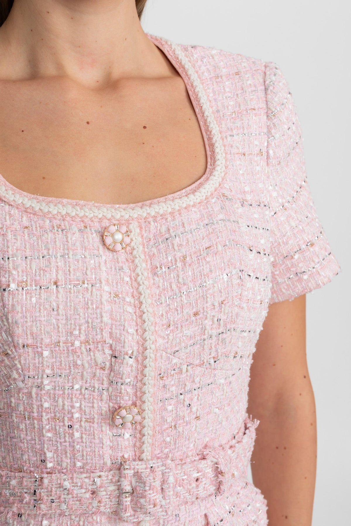 Tweed Square Neck Short Sleeve Mini Dress with Matching Belt – Blush Pink – view 5