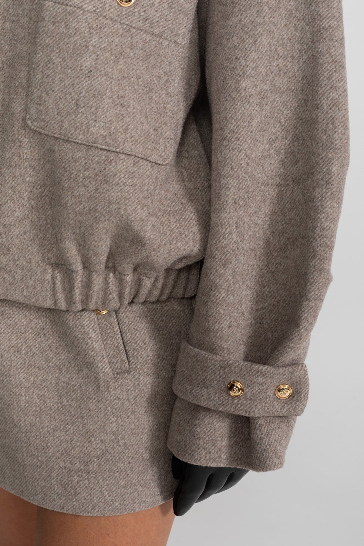 Wool Blend Cropped Bomber Jacket and Mini Skirt Co-ord Set – Taupe – view 7