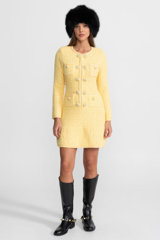 Long Sleeve Tweed Knit Dress with Jewel Buttons and Pockets – Yellow