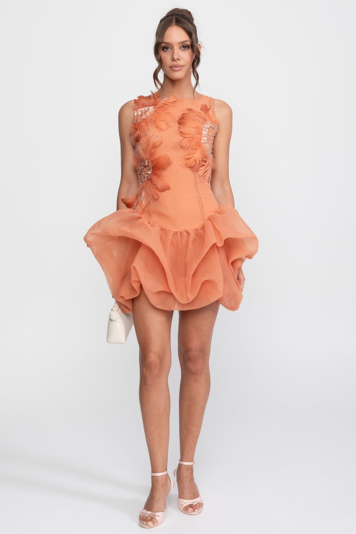 3D Feather Appliqué Sleeveless Peplum Mini Dress with Crystal Beads – Orange