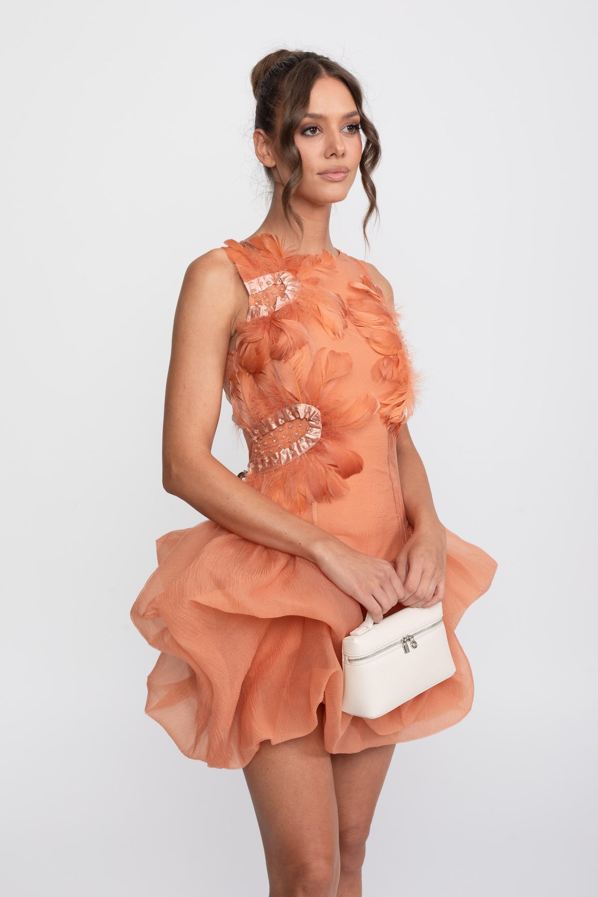 3D Feather Appliqué Sleeveless Peplum Mini Dress with Crystal Beads – Orange