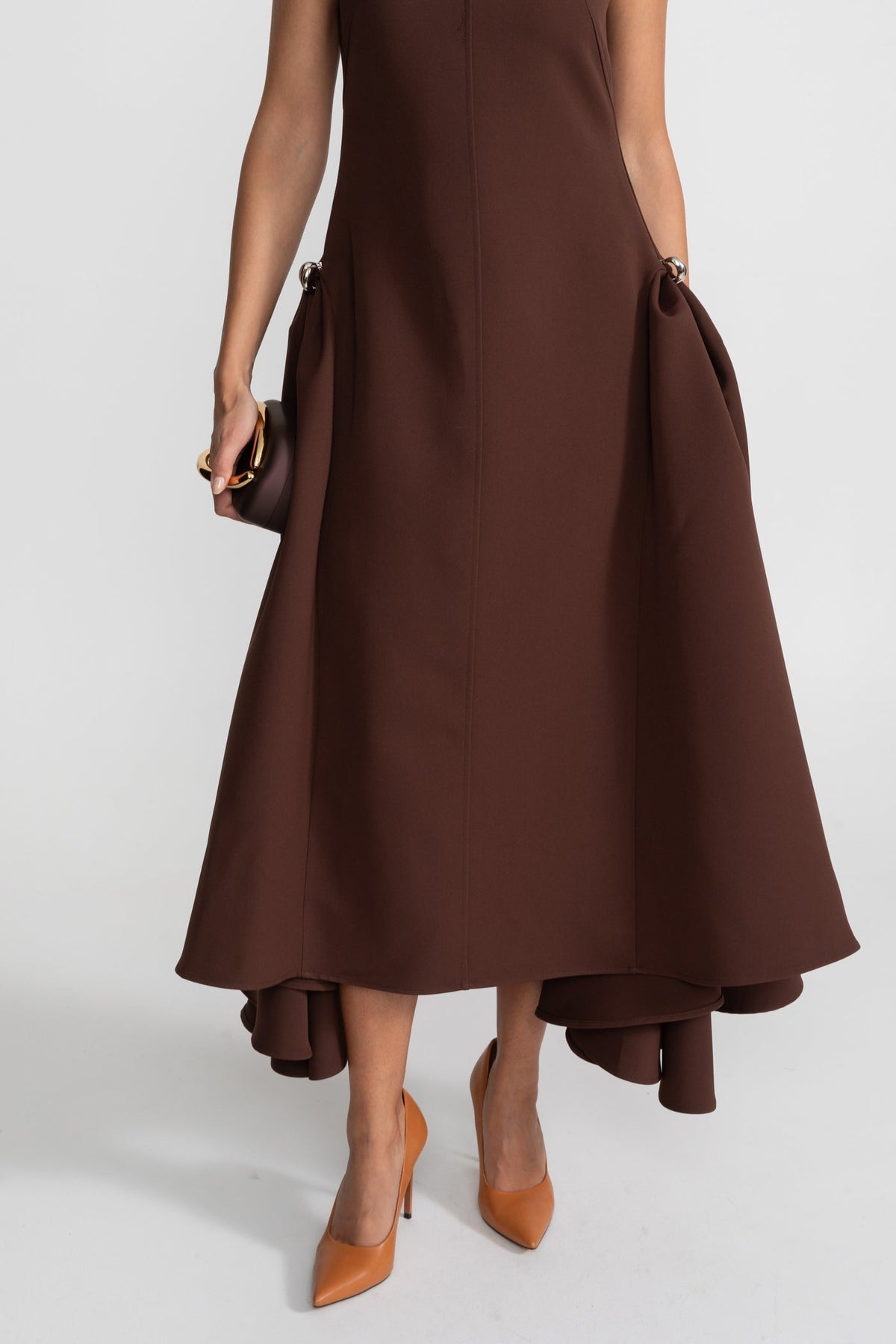 Cap Sleeve Sculptural Crepe Midi Dress with High-Low Hem – Brown – view 7