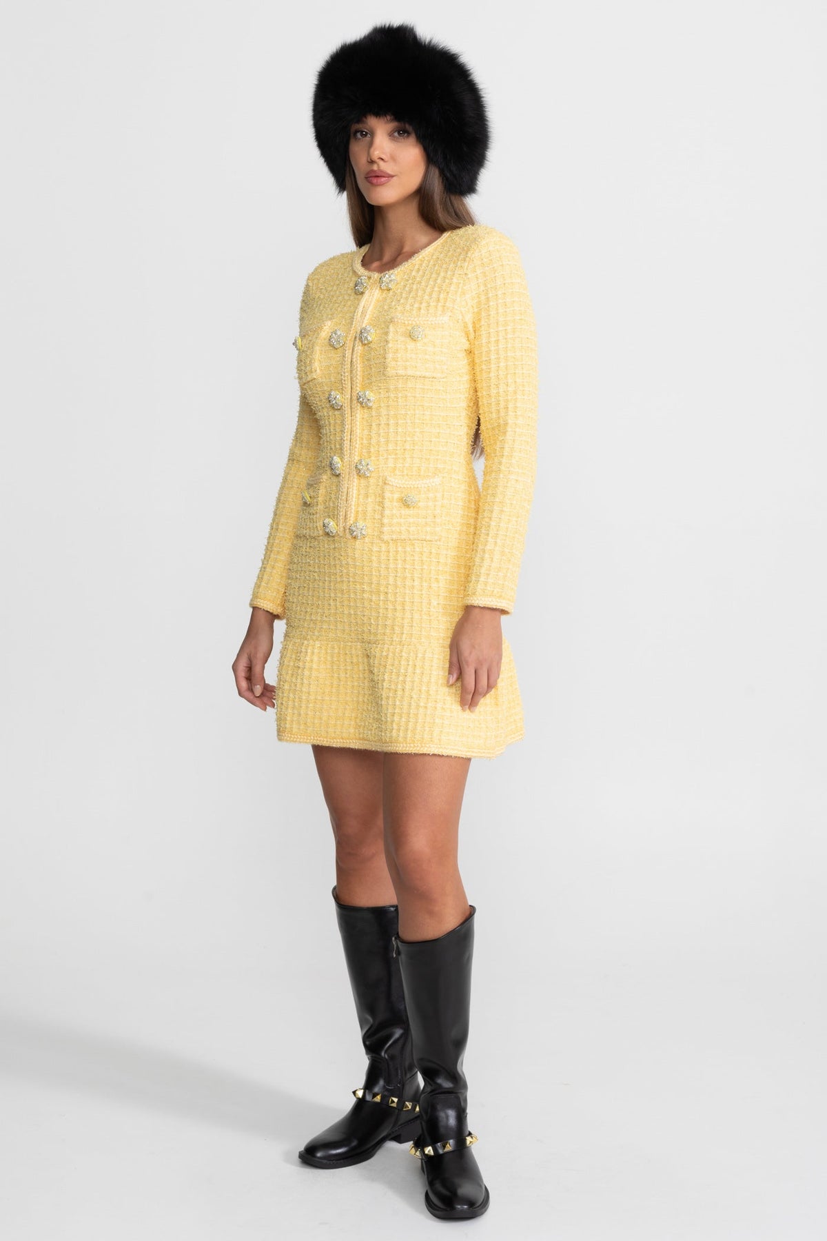 Long Sleeve Tweed Knit Dress with Jewel Buttons and Pockets – Yellow
