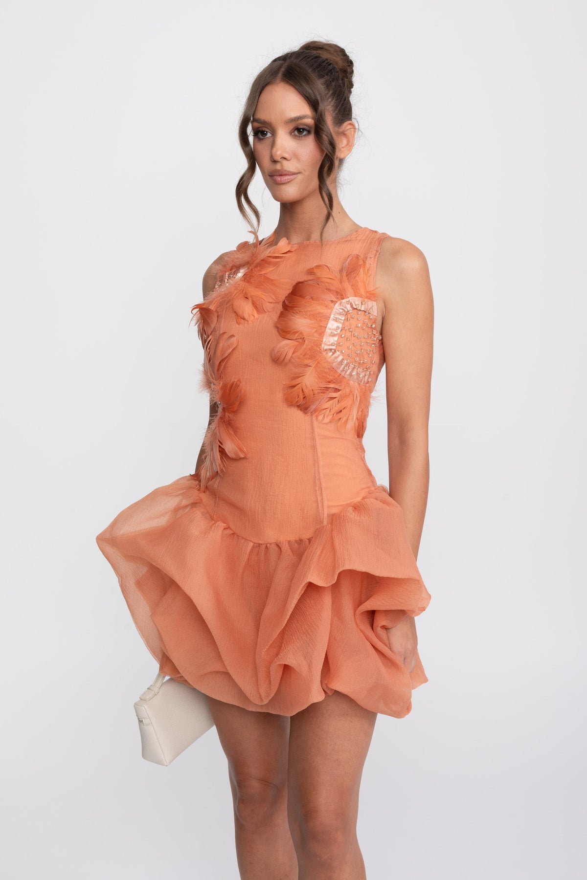 3D Feather Appliqué Sleeveless Peplum Mini Dress with Crystal Beads – Orange