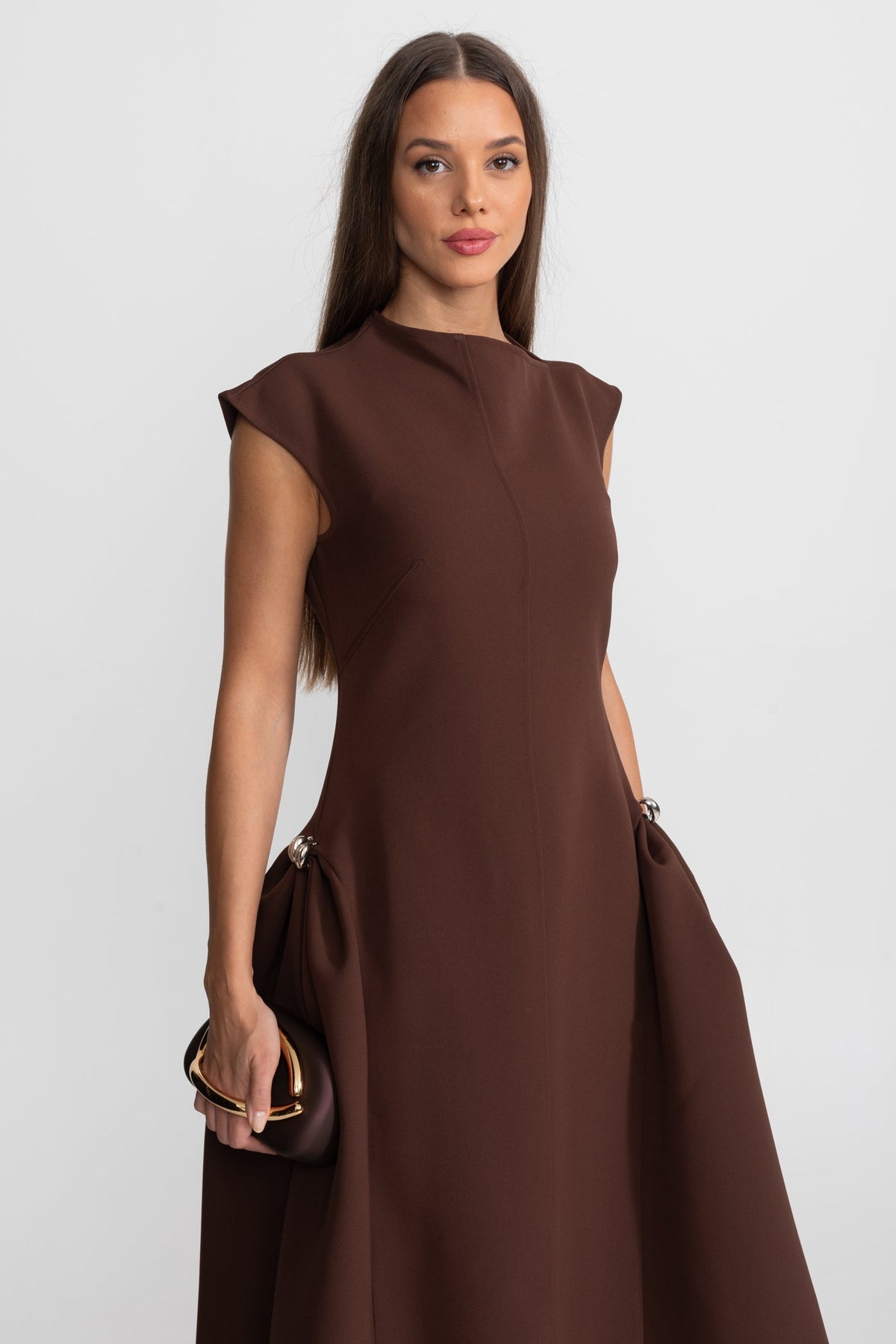 Cap Sleeve Sculptural Crepe Midi Dress with High-Low Hem – Brown – view 5
