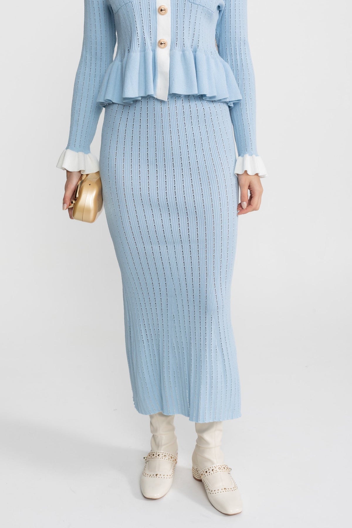 Pointelle Knit Peplum Top and Midi Skirt Set with Contrast Trim – Baby Blue – view 9