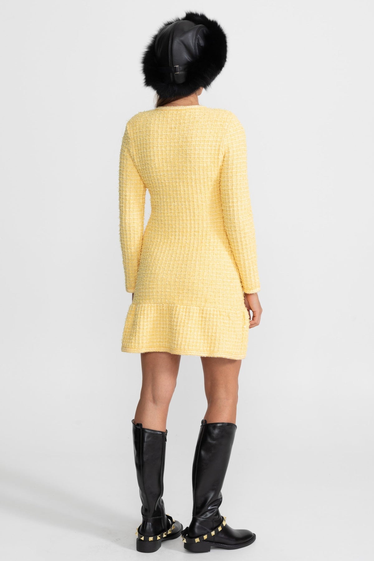 Long Sleeve Tweed Knit Dress with Jewel Buttons and Pockets – Yellow