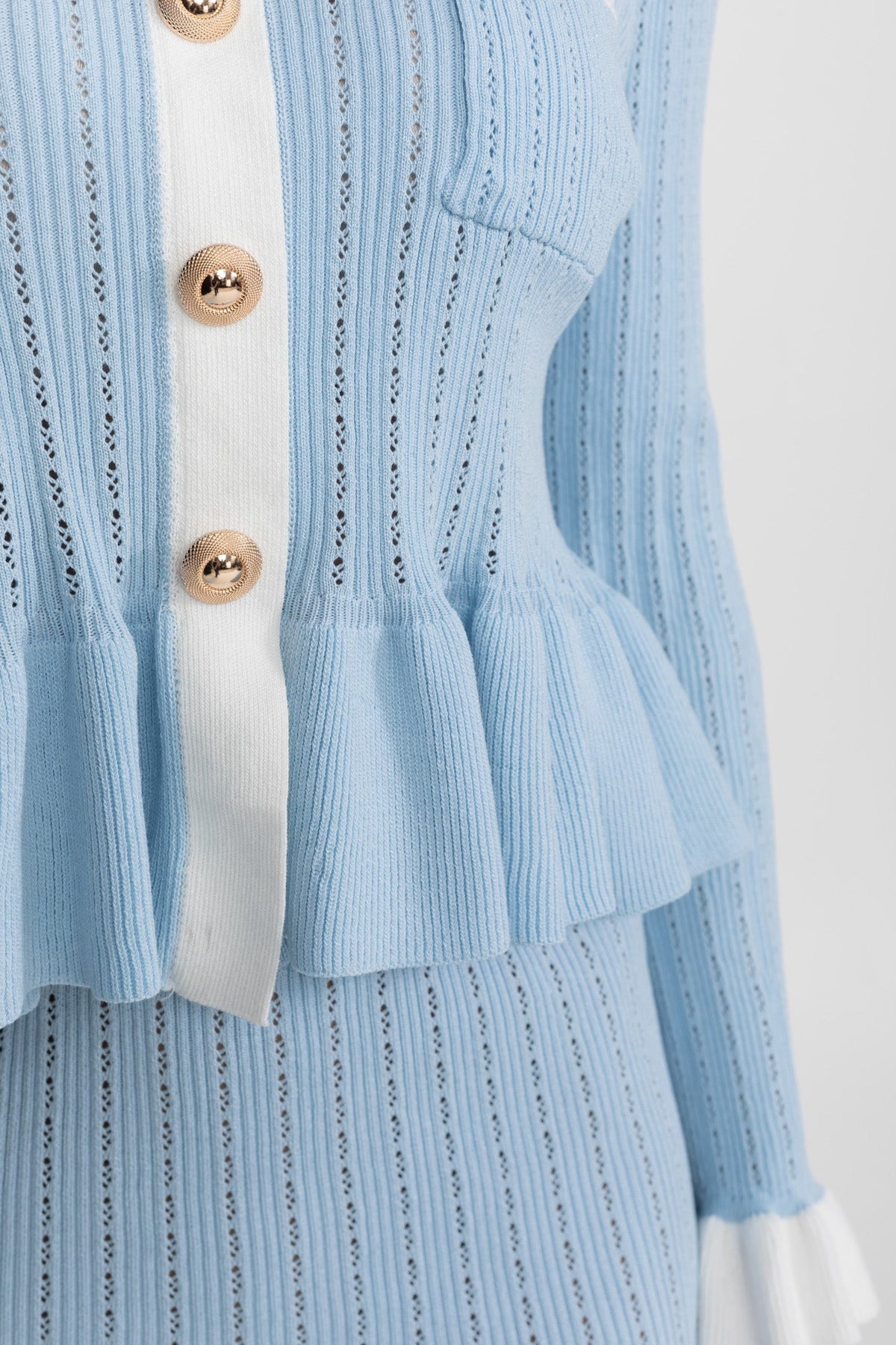 Pointelle Knit Peplum Top and Midi Skirt Set with Contrast Trim – Baby Blue – view 5