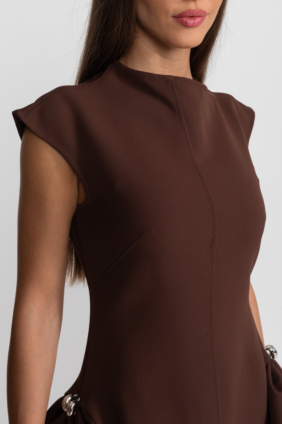 Cap Sleeve Sculptural Crepe Midi Dress with High-Low Hem – Brown – view 6