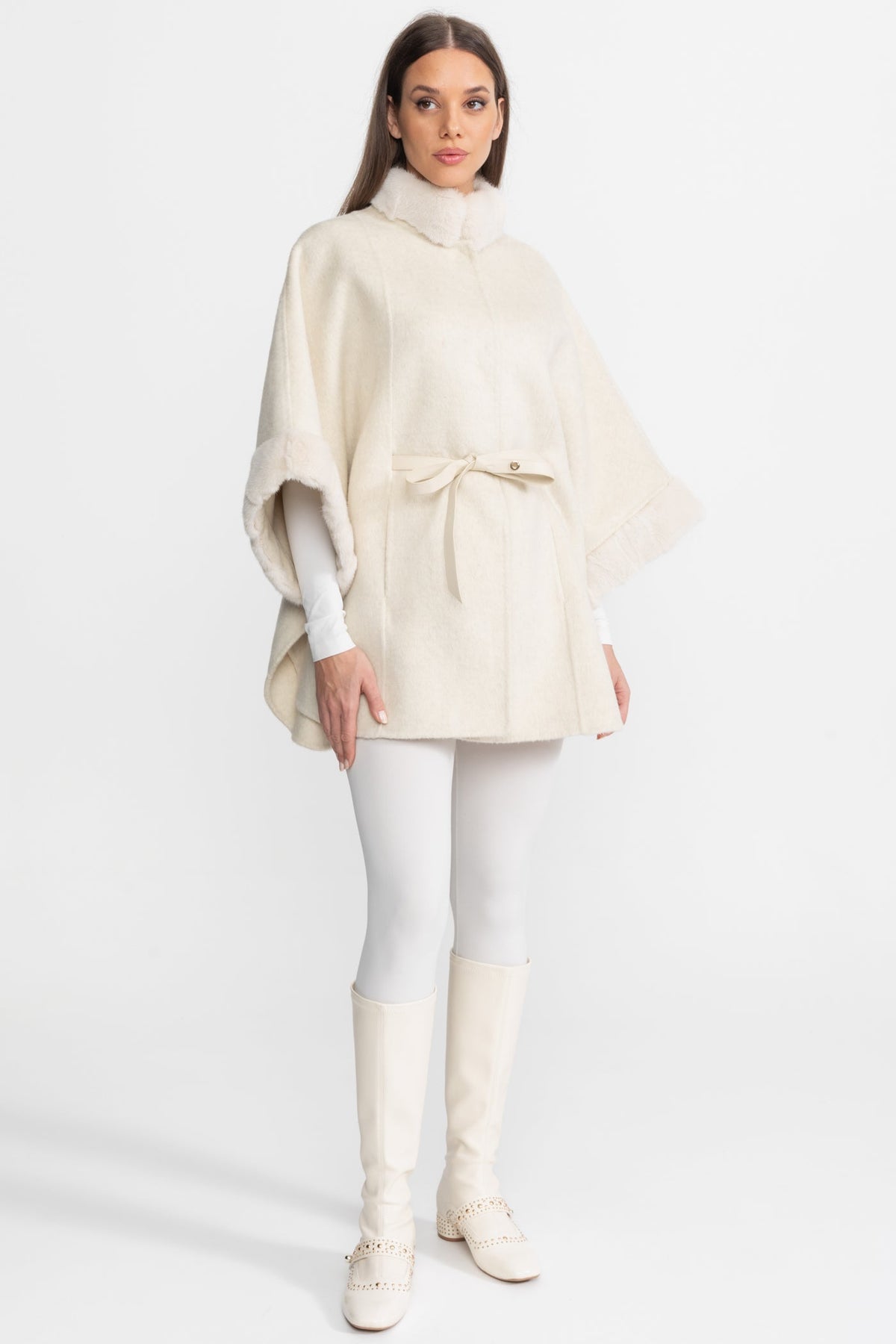 Wool Blend Cape Coat with Collar Trim and Tie Belt – Ivoire – view 3