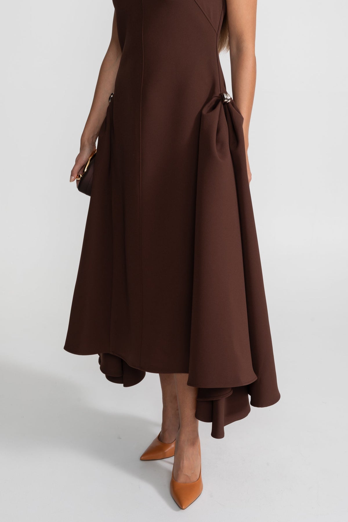 Cap Sleeve Sculptural Crepe Midi Dress with High-Low Hem – Brown – view 3