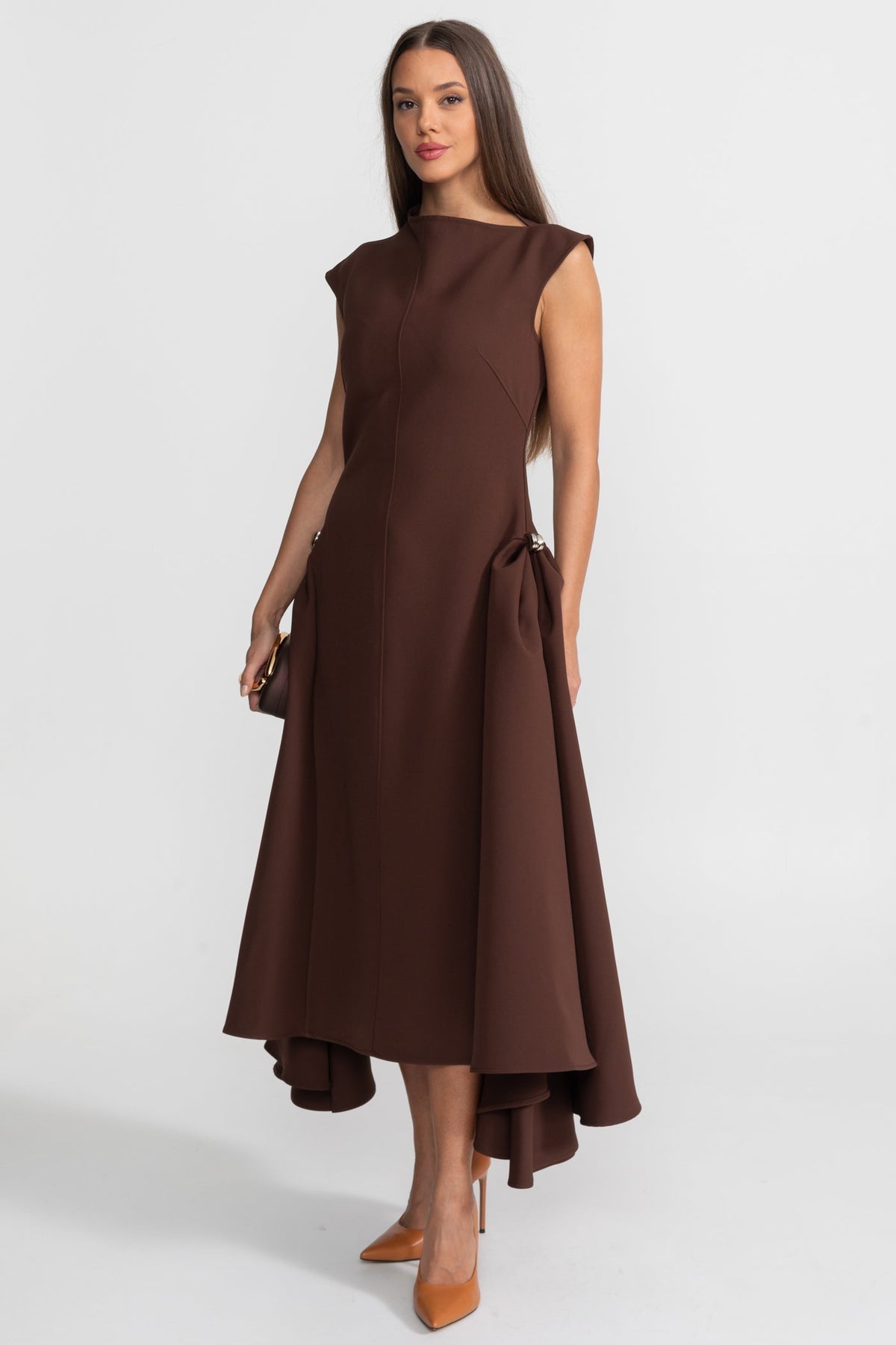 Cap Sleeve Sculptural Crepe Midi Dress with High-Low Hem – Brown – view 4