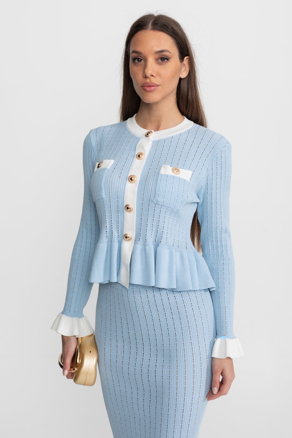 Pointelle Knit Peplum Top and Midi Skirt Set with Contrast Trim – Baby Blue – view 3