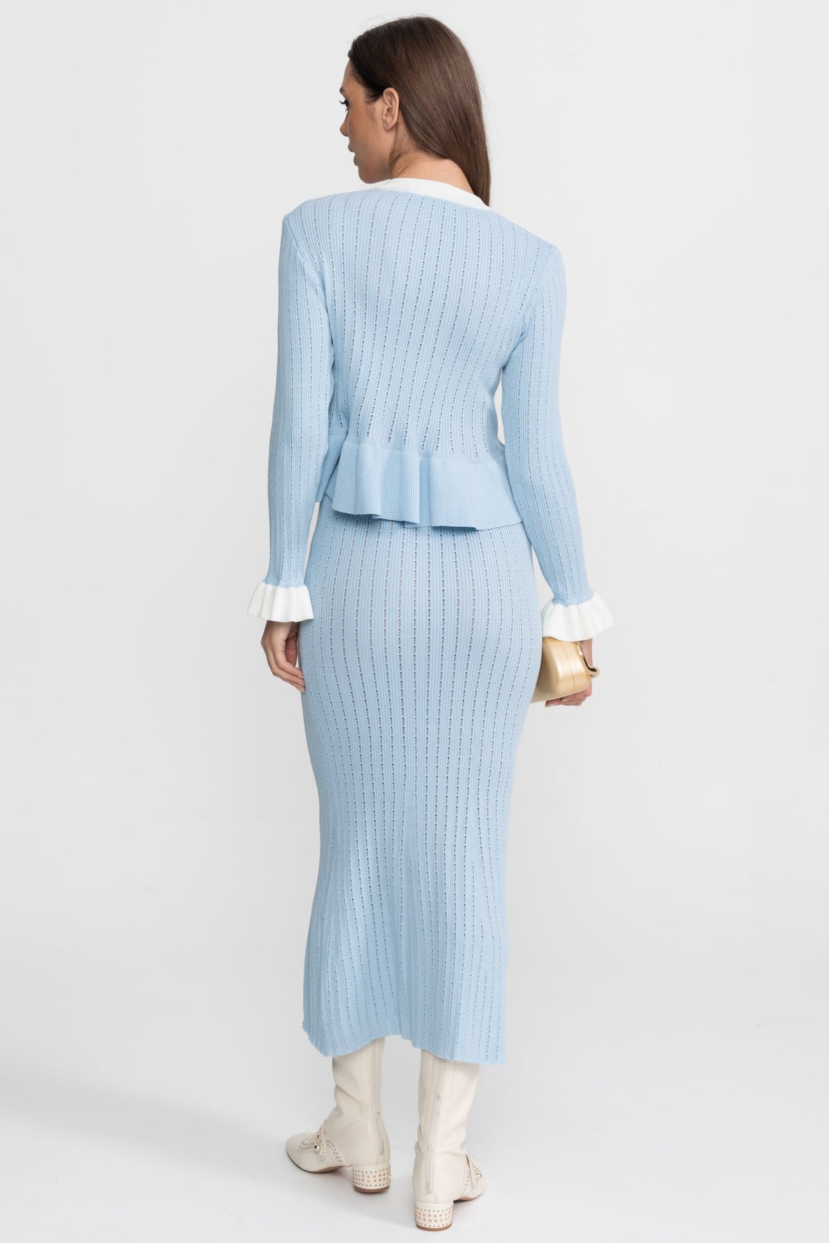 Pointelle Knit Peplum Top and Midi Skirt Set with Contrast Trim – Baby Blue – view 11