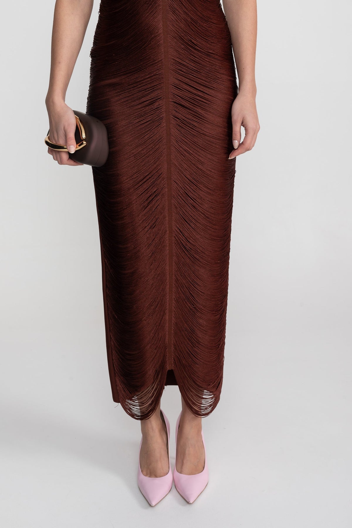Pleated Halter Neck Body-Contouring Dress with Front Slit – Brown – view 6