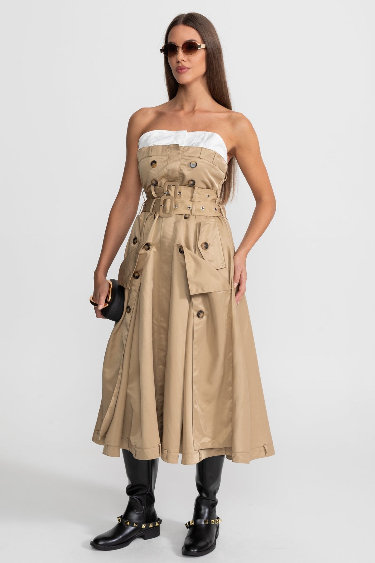 Strapless Double-Breasted Trench Midi Dress with Belted Waist – Beige – view 4