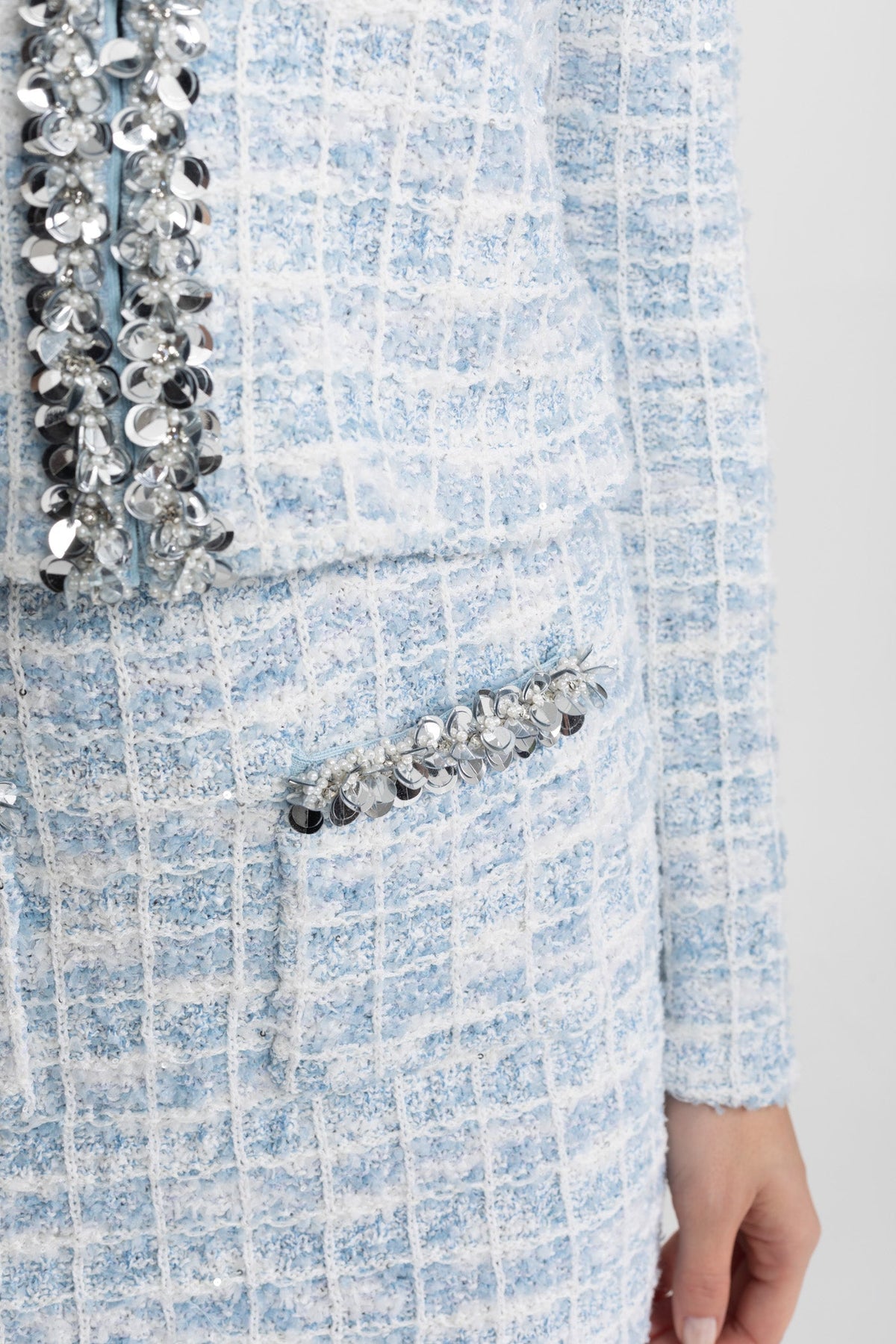 Crystal Trim Tweed Jacket and Mini Skirt Co-ord Set – Light Blue – view 8