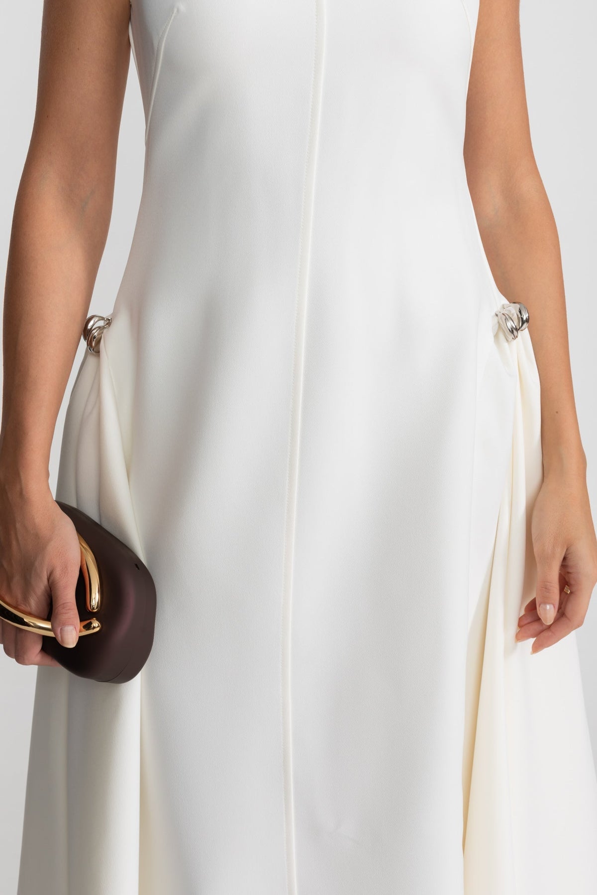 Structured Crepe Midi Dress with Ring Details and High-Low Hem – White – view 5