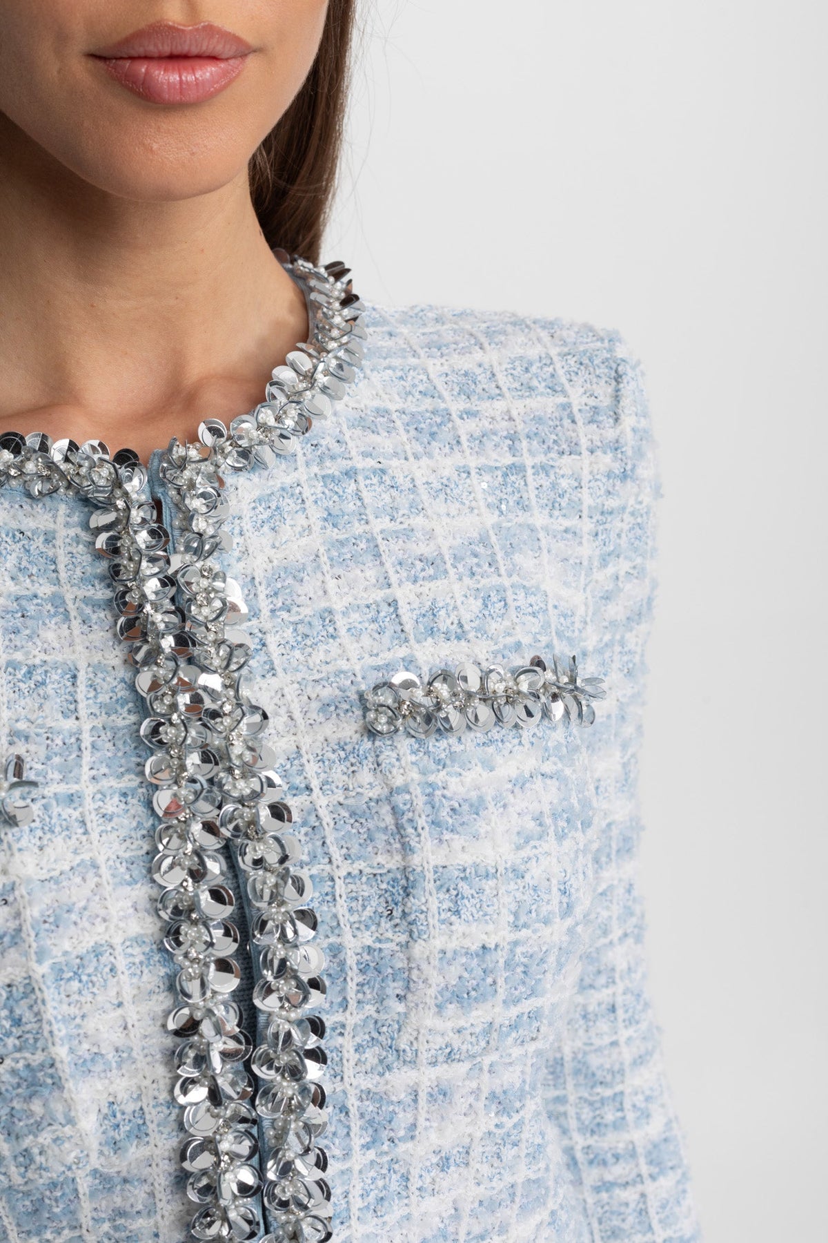 Crystal Trim Tweed Jacket and Mini Skirt Co-ord Set – Light Blue