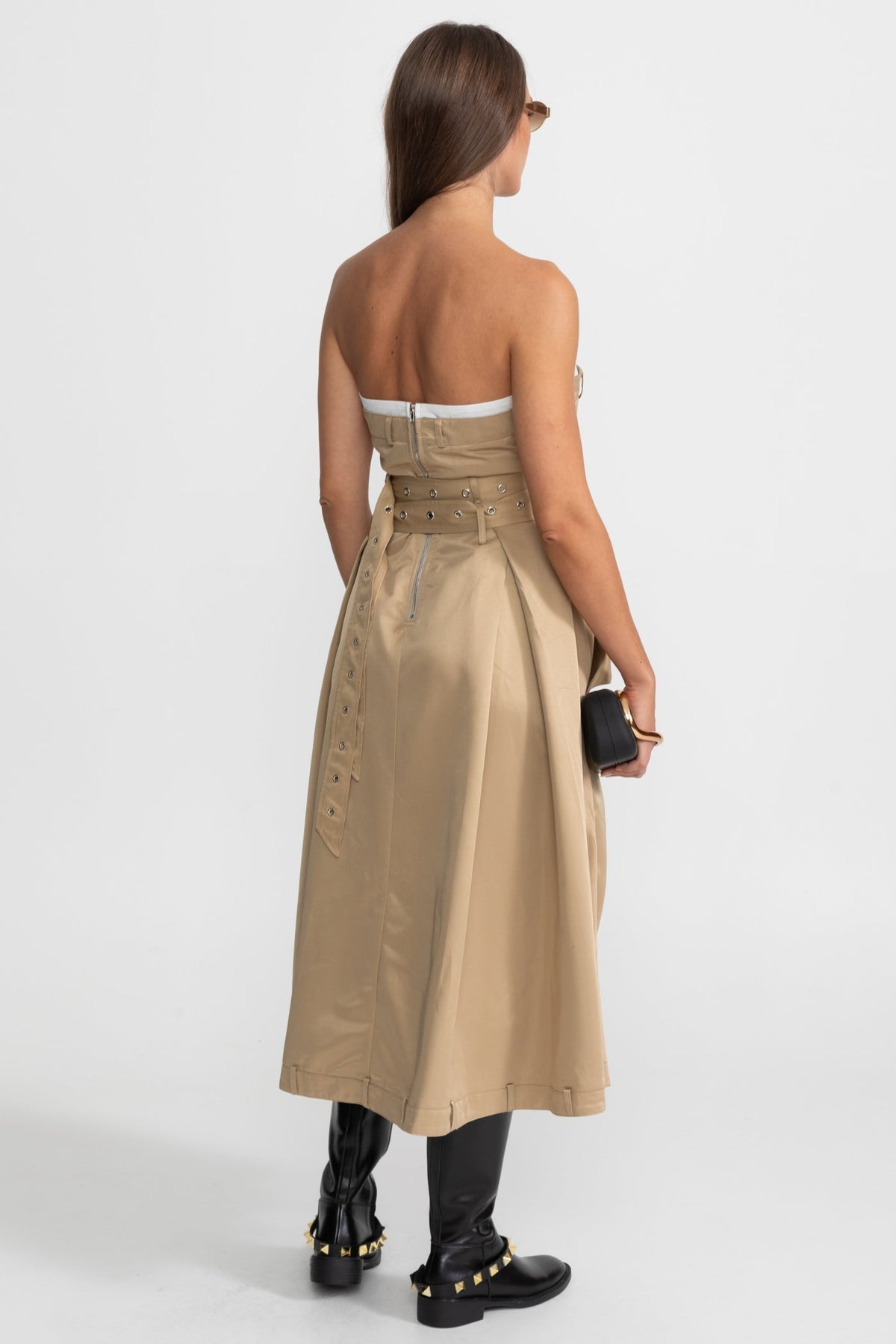 Strapless Double-Breasted Trench Midi Dress with Belted Waist – Beige – view 6