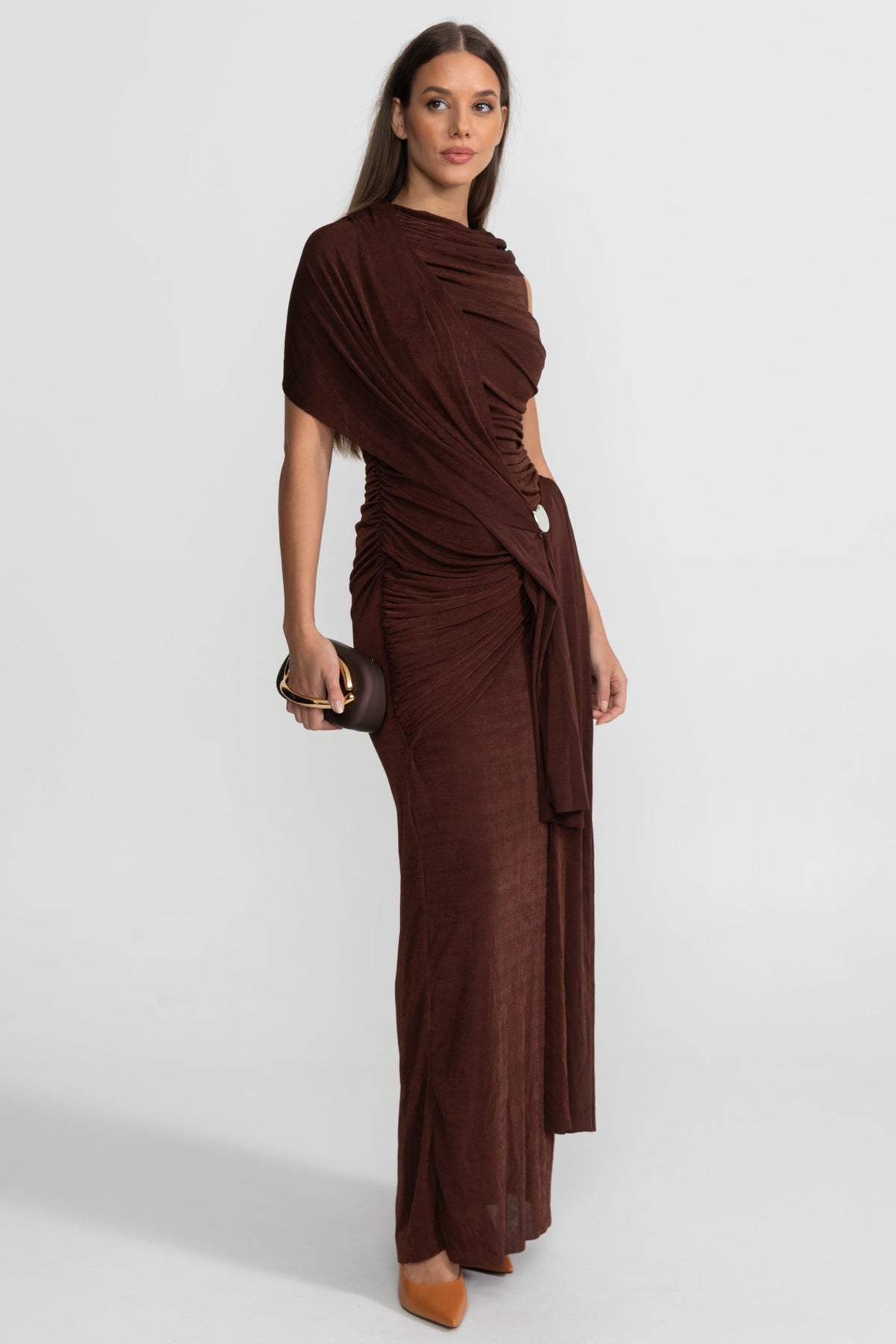 Draped Stretch Jersey Column Maxi Dress with Shoulder Scarf – Brown – view 3