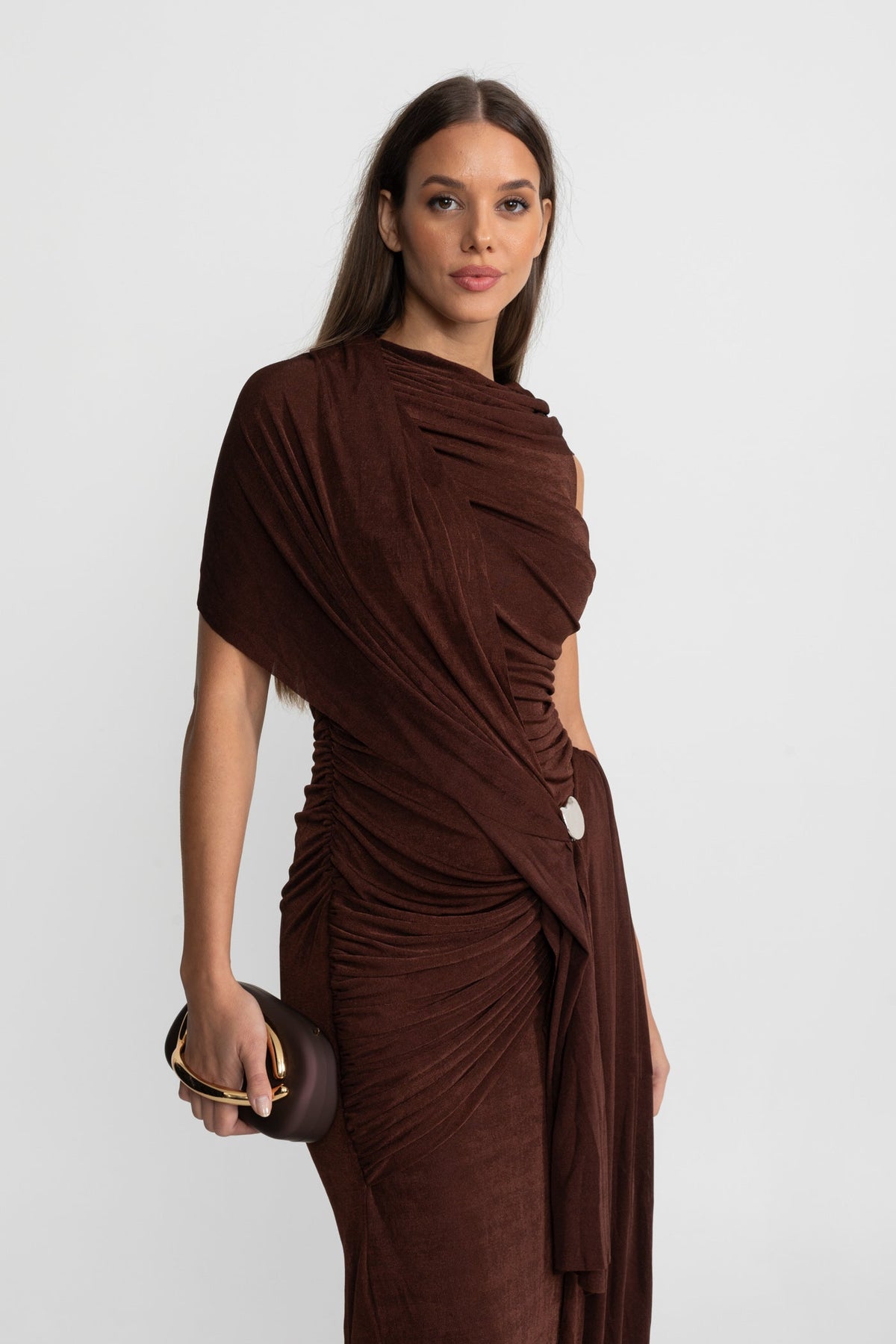Draped Stretch Jersey Column Maxi Dress with Shoulder Scarf – Brown – view 2