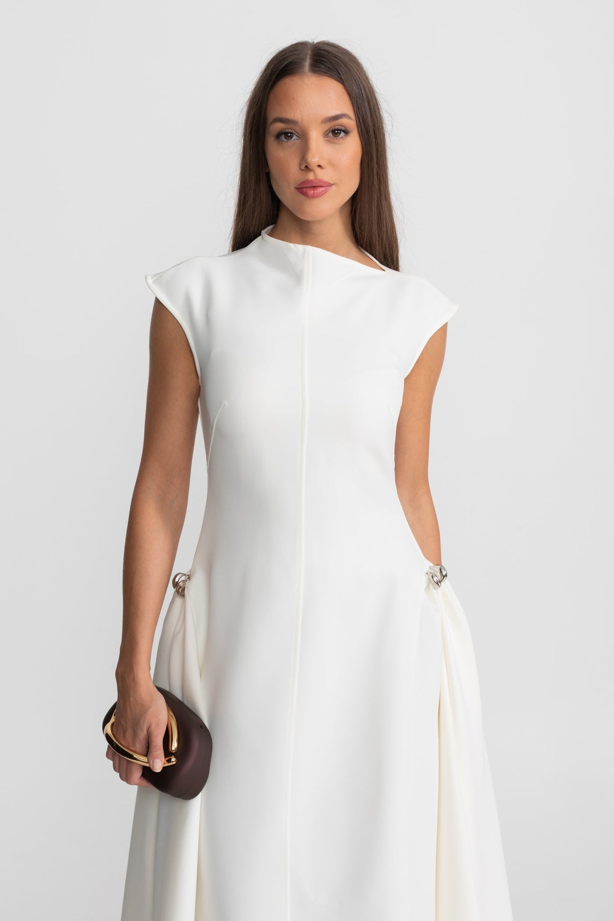 Structured Crepe Midi Dress with Ring Details and High-Low Hem – White – view 4