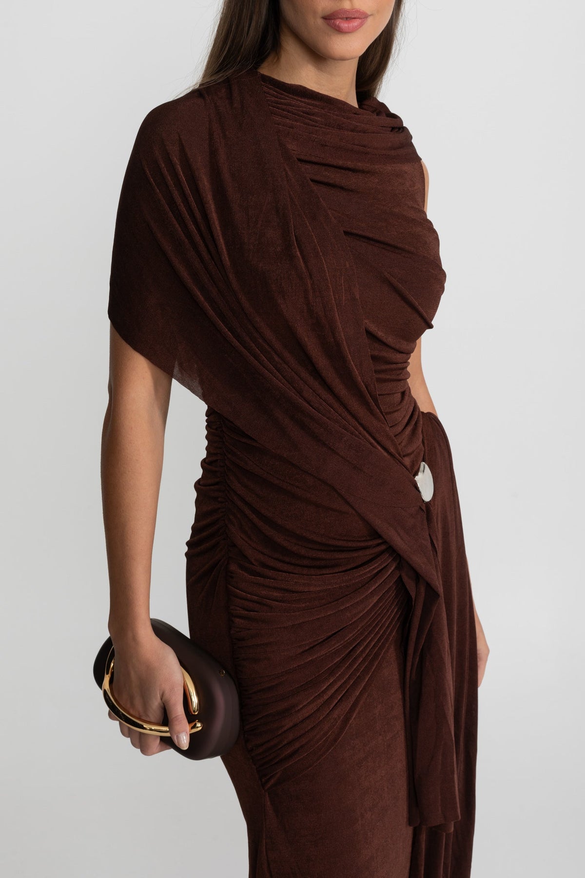 Draped Stretch Jersey Column Maxi Dress with Shoulder Scarf – Brown – view 4