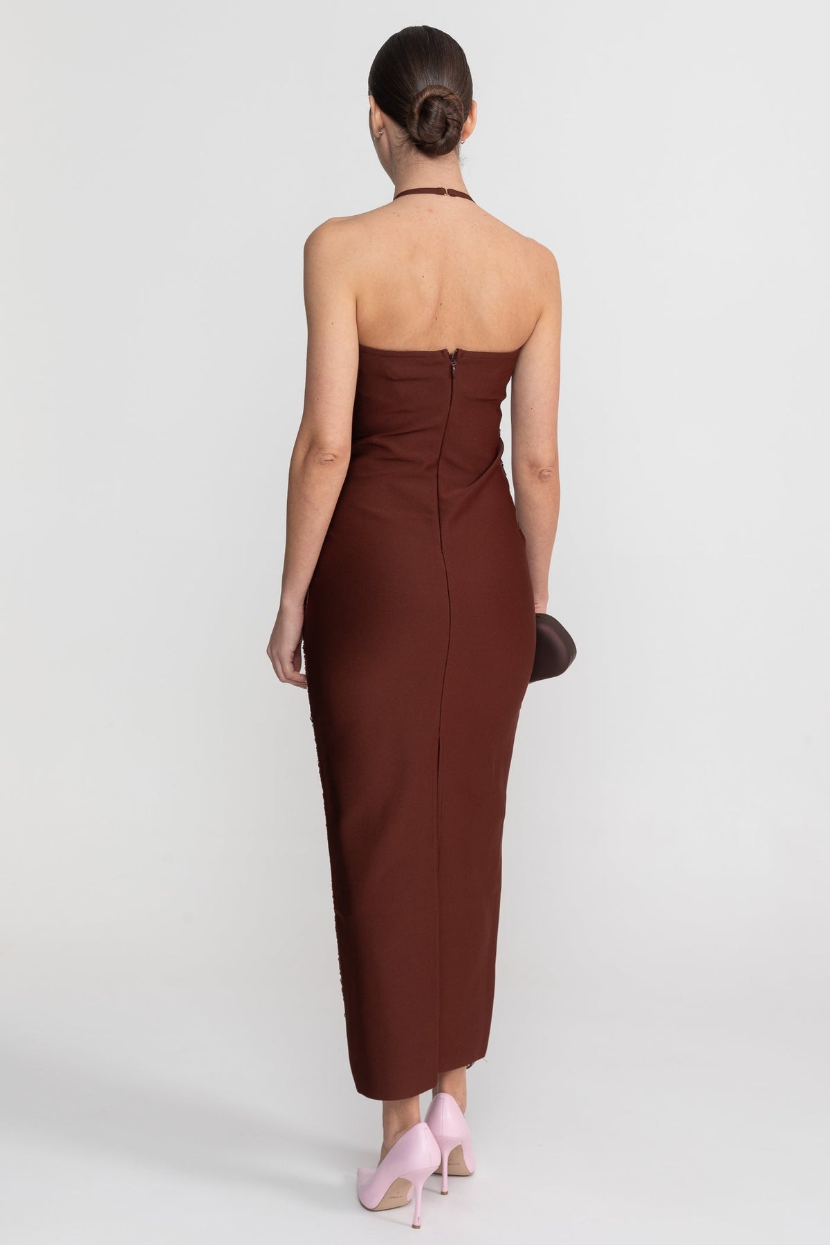 Pleated Halter Neck Body-Contouring Dress with Front Slit – Brown – view 7