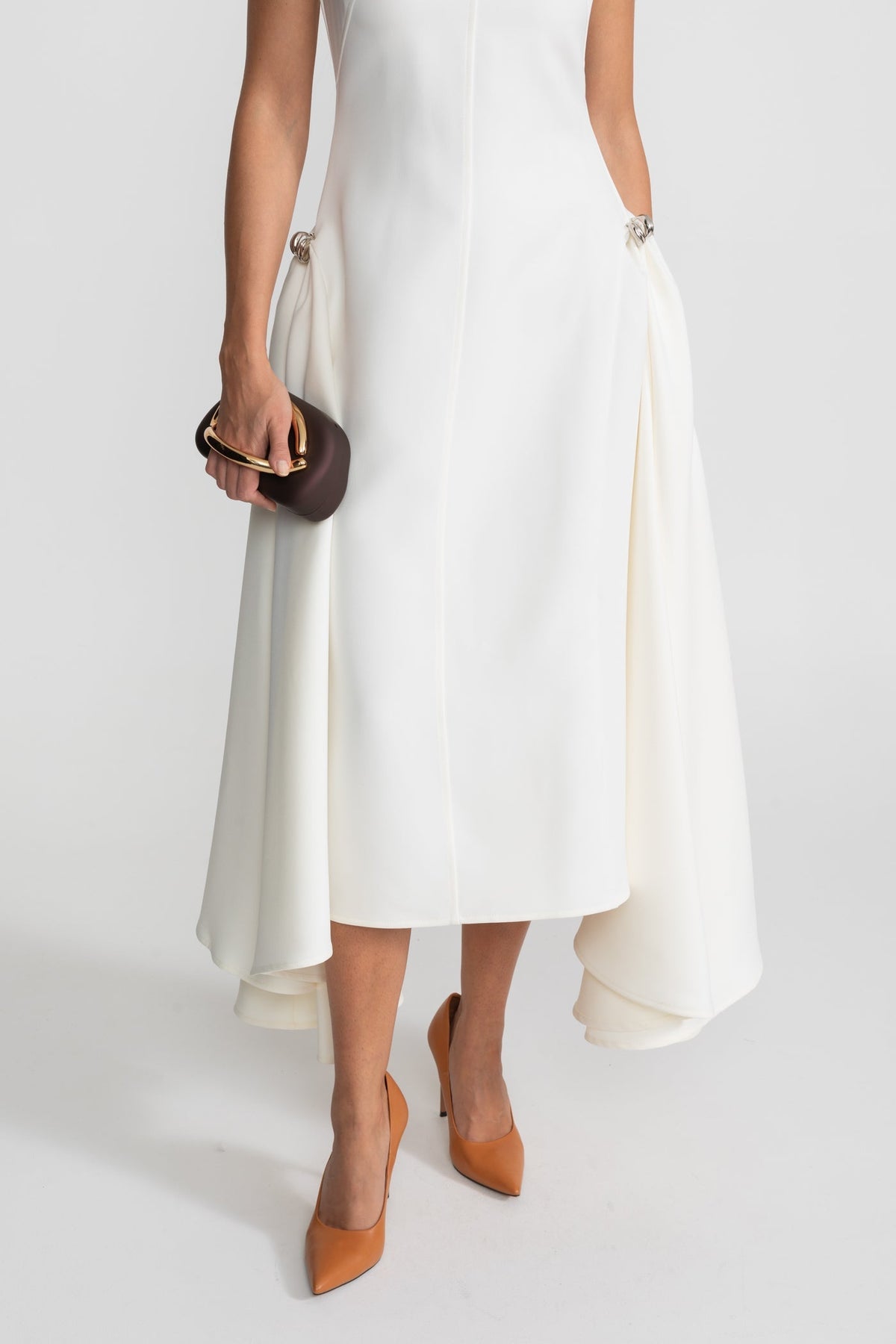 Structured Crepe Midi Dress with Ring Details and High-Low Hem – White – view 6