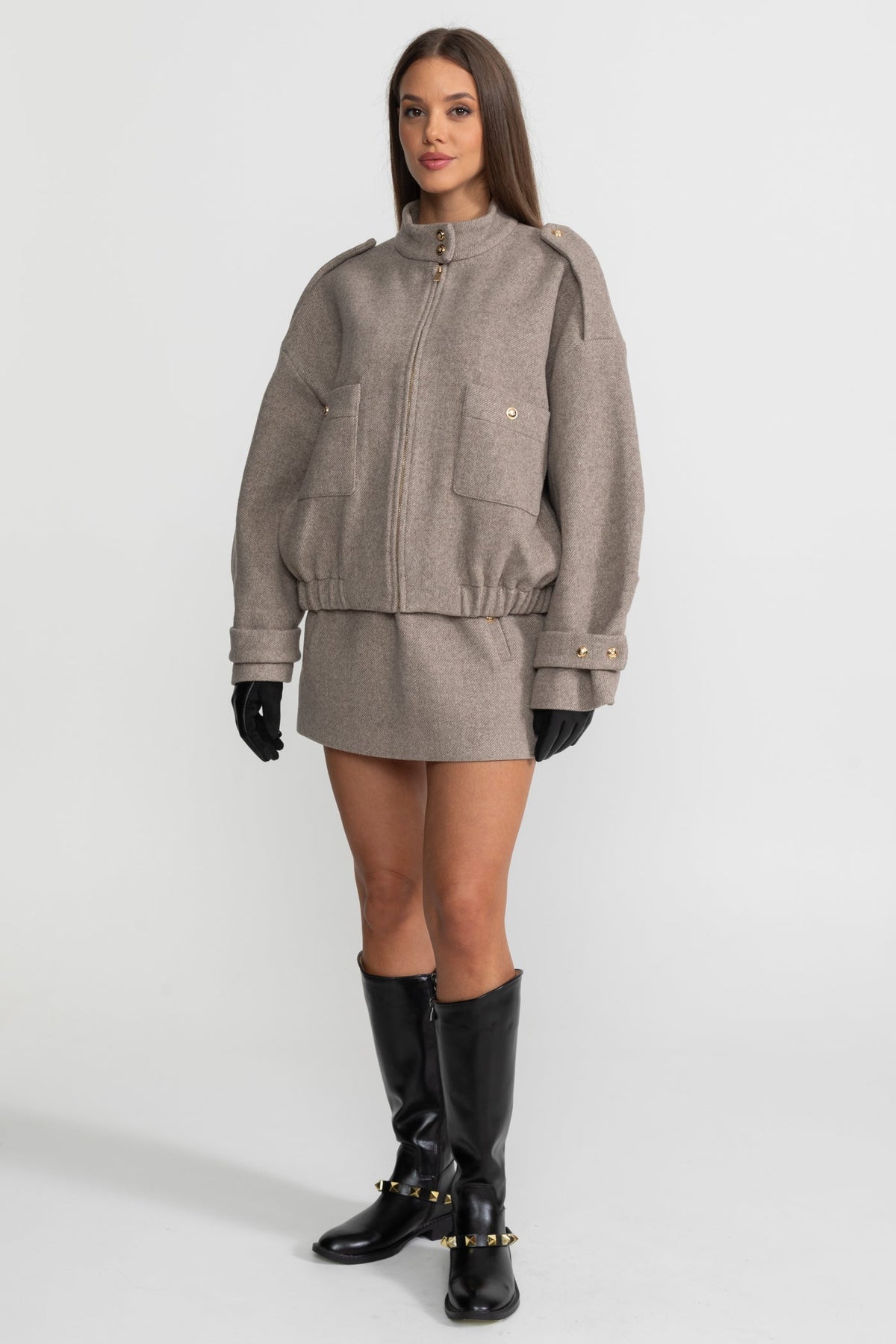 Wool Blend Cropped Bomber Jacket and Mini Skirt Co-ord Set – Taupe – view 4