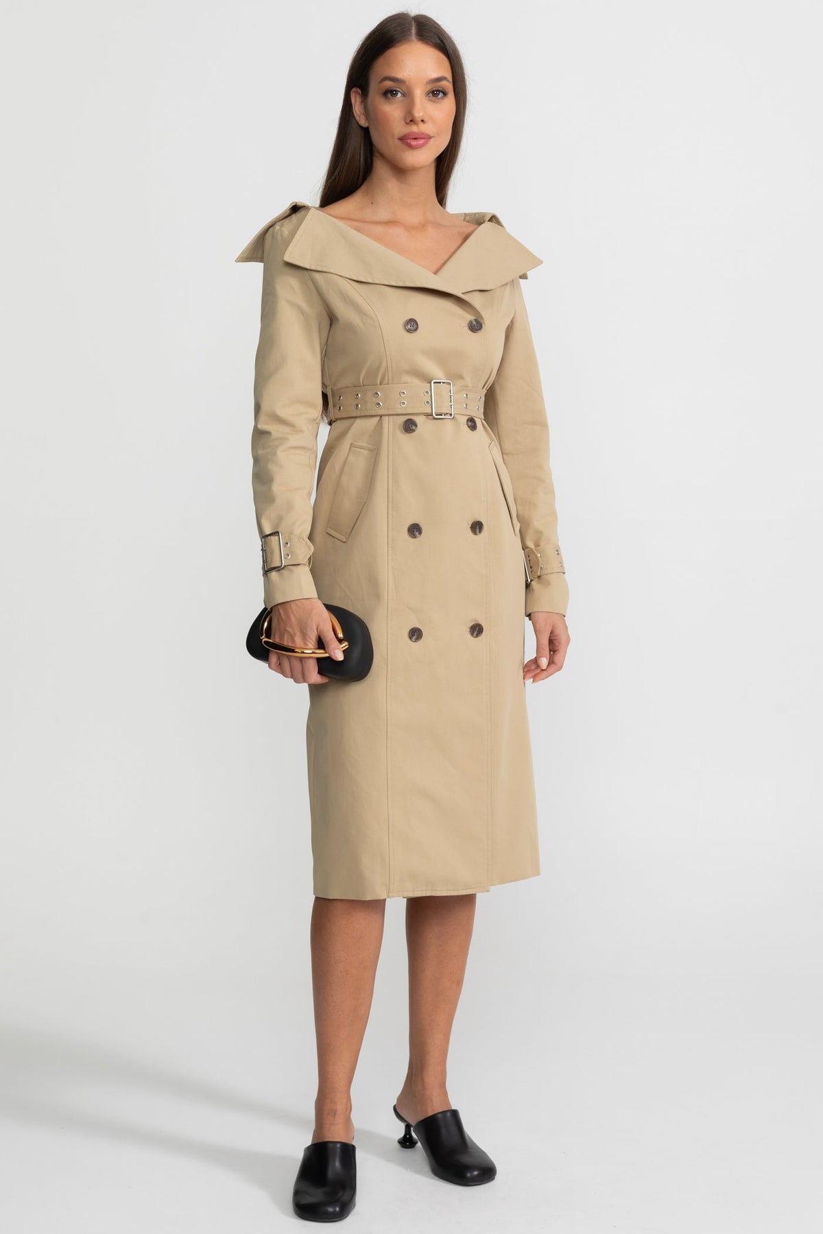 Off-Shoulder Double-Breasted Belted Trench Midi Dress – Brown – view 4