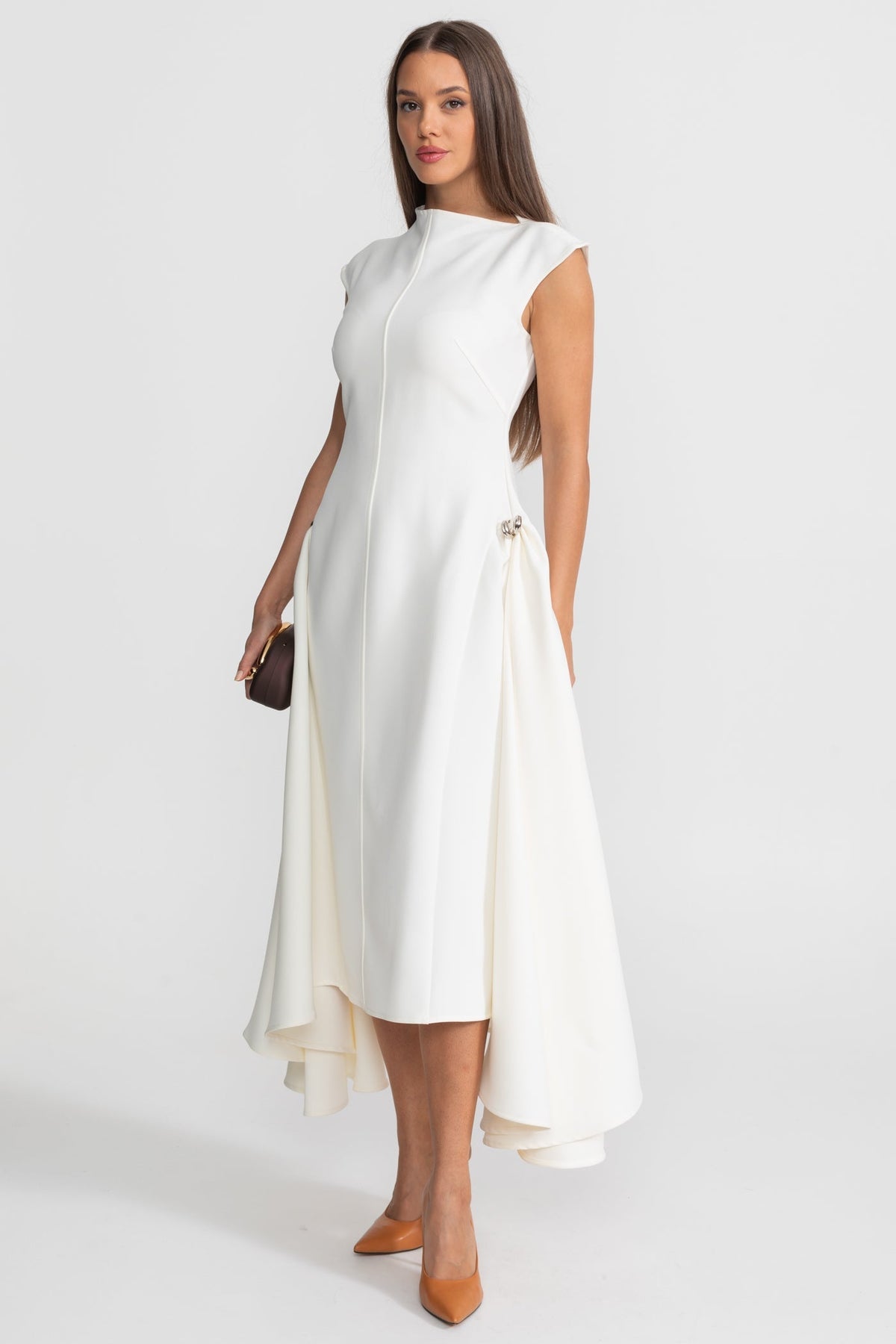 Structured Crepe Midi Dress with Ring Details and High-Low Hem – White – view 3