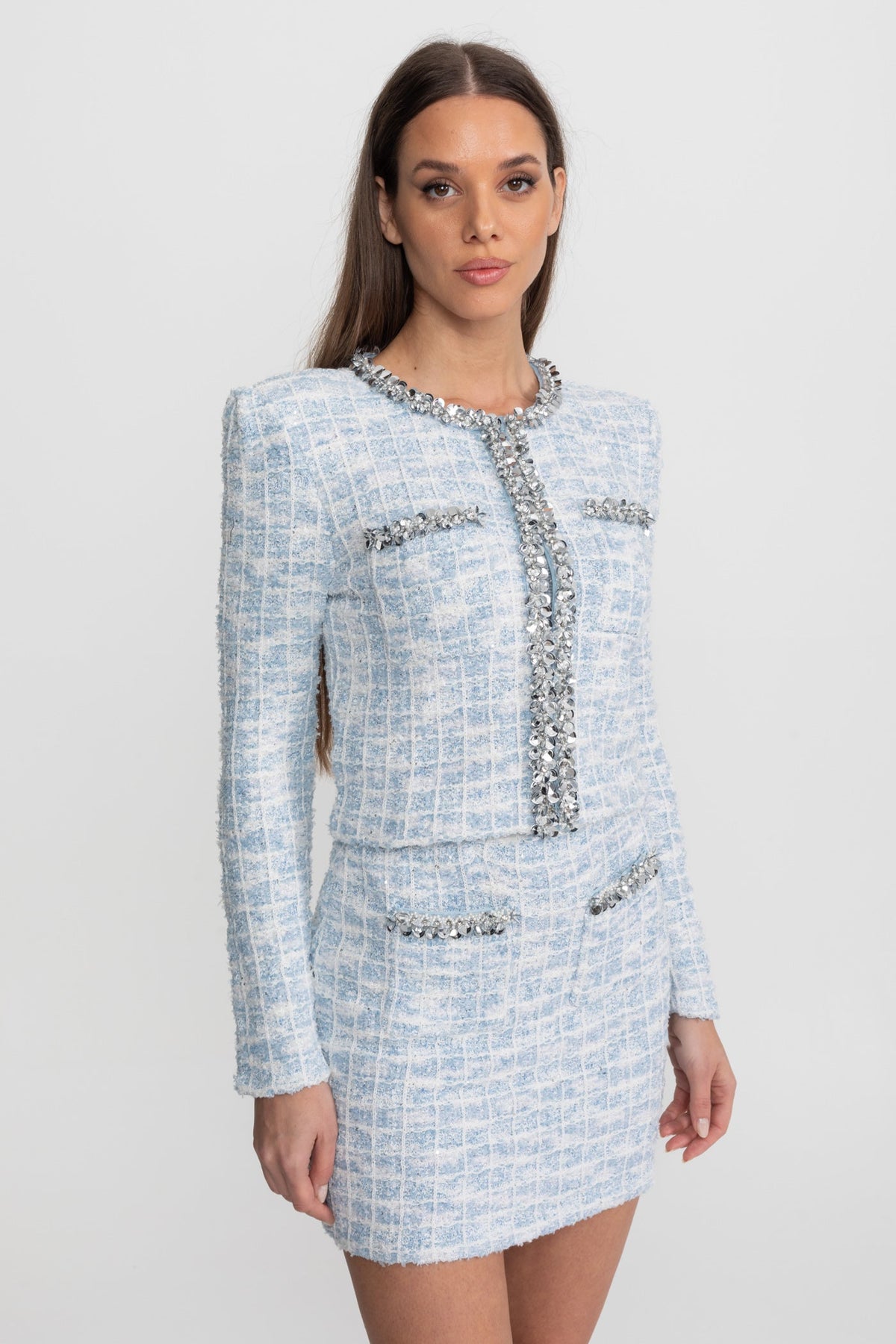 Crystal Trim Tweed Jacket and Mini Skirt Co-ord Set – Light Blue